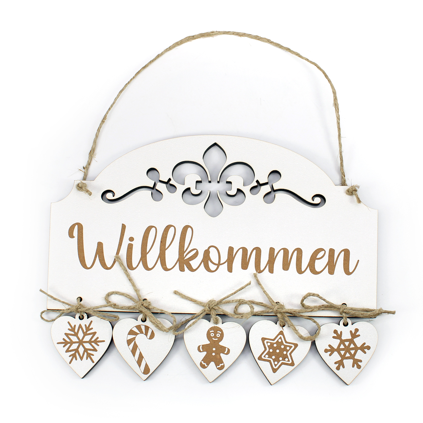 Schild Willkommen - mit 5 winterlichen Herz Anhängern - Weihnachtsschild Türschild Haustür  21 x 19 cm