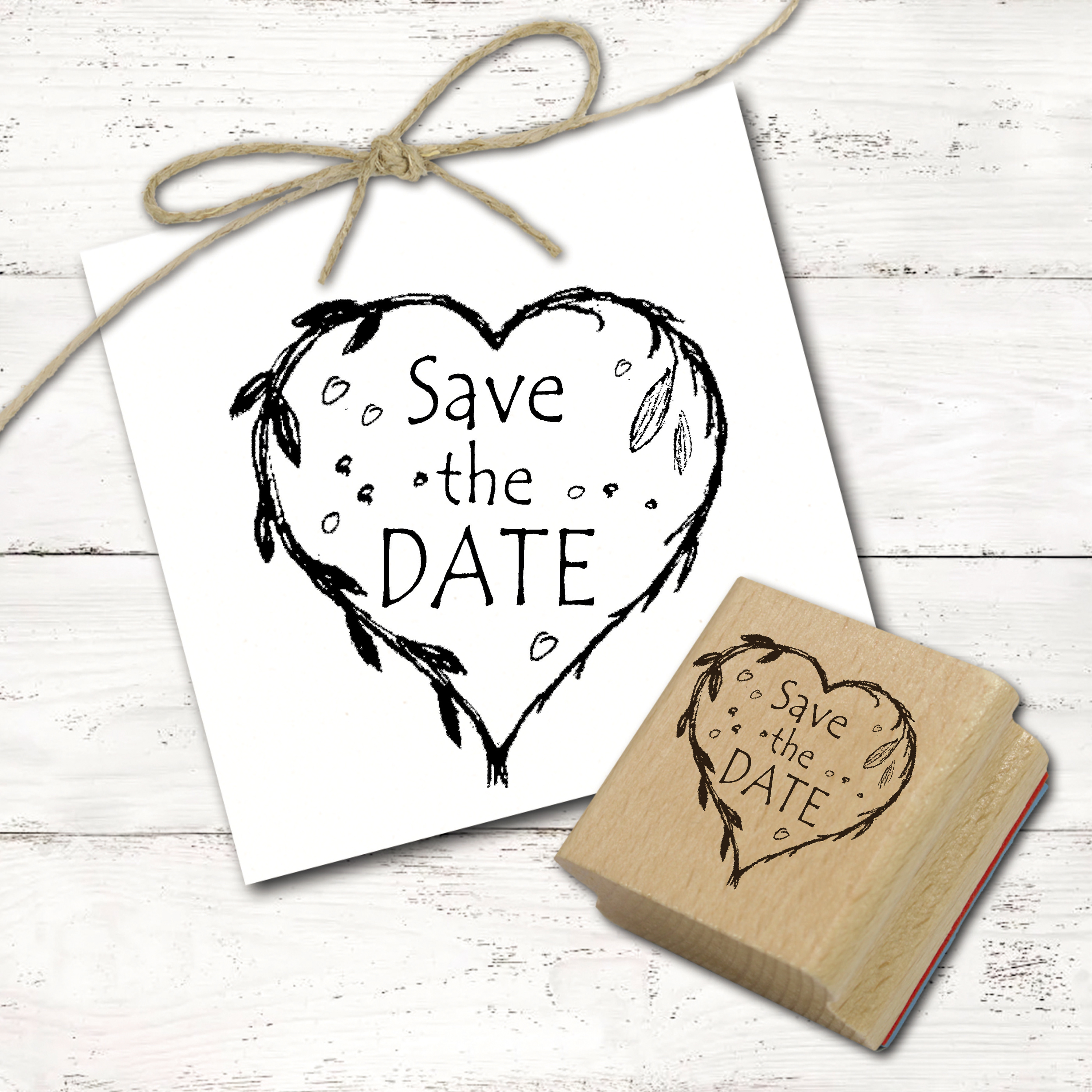 Motivstempel Save the date Vintage Herz Stempel - Hochzeitsstempel Holzstempel 48mm x 48mm 
