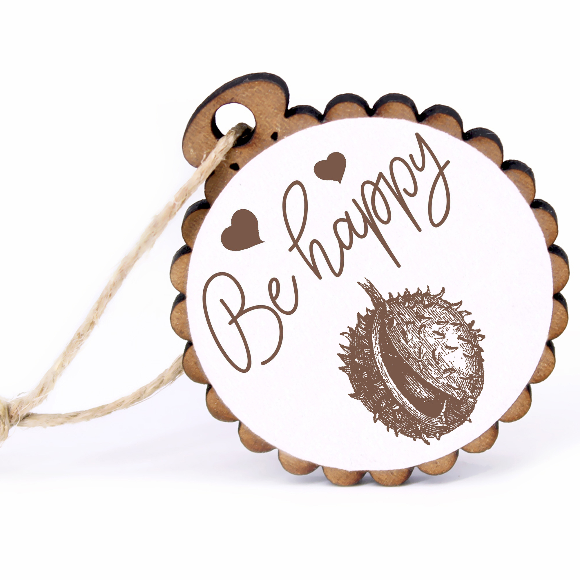 Geschenkanhänger - Be Happy Kastanie -  Holz Ø-5cm - mit Juteband