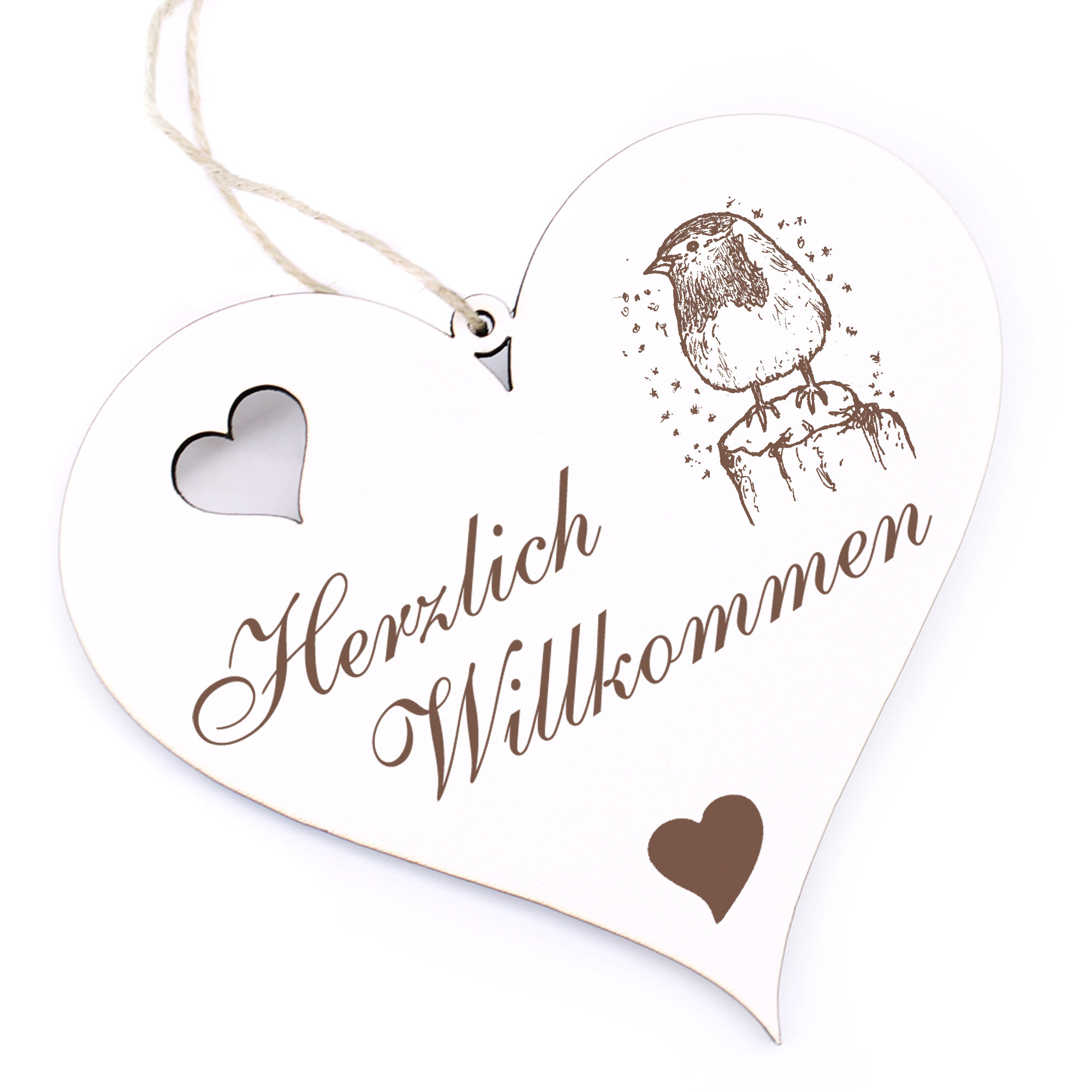 Herzlich Willkommen Schild - Rotkehlchen im Winter - Deko Herz Holz