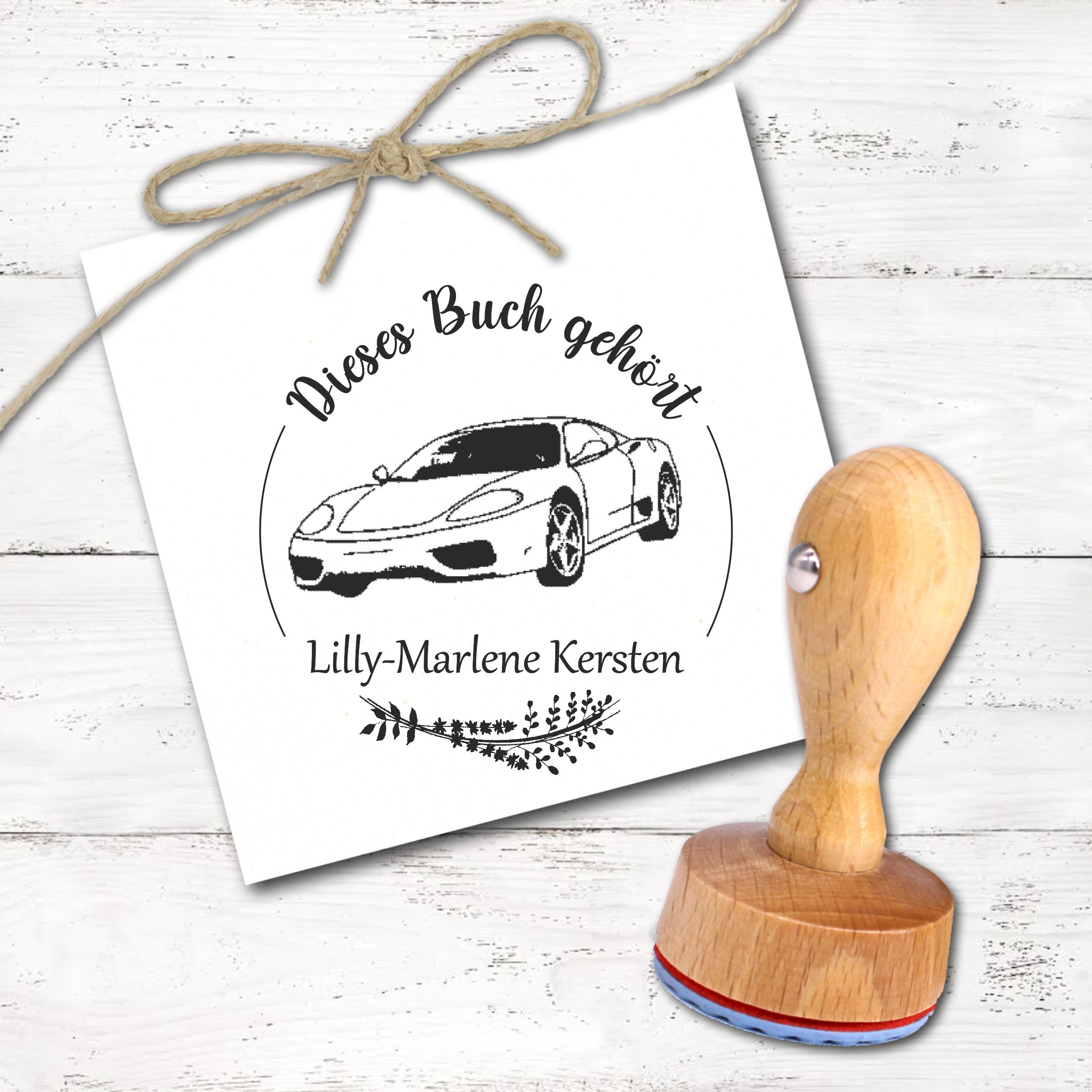 Ex Libris Stempel personalisiert mit Namen Motiv Auto Sportwagen - Bücherstempel individuell - für Kinder, Schule & Lehrer - Ø 38 mm