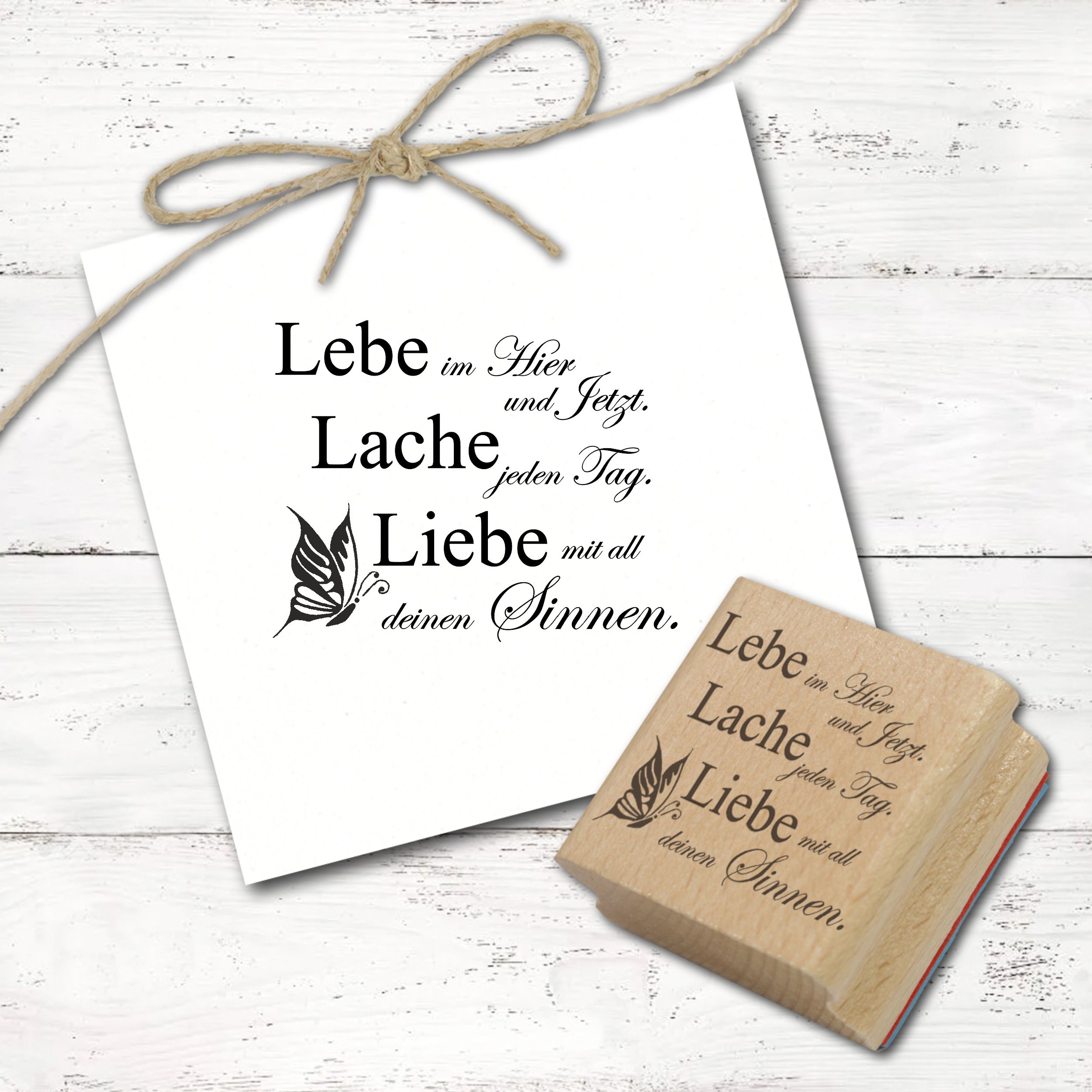 Motivstempel Lebe Lache Liebe Spruch - Stempel Schmetterling Holzstempel 48 x 38 mm