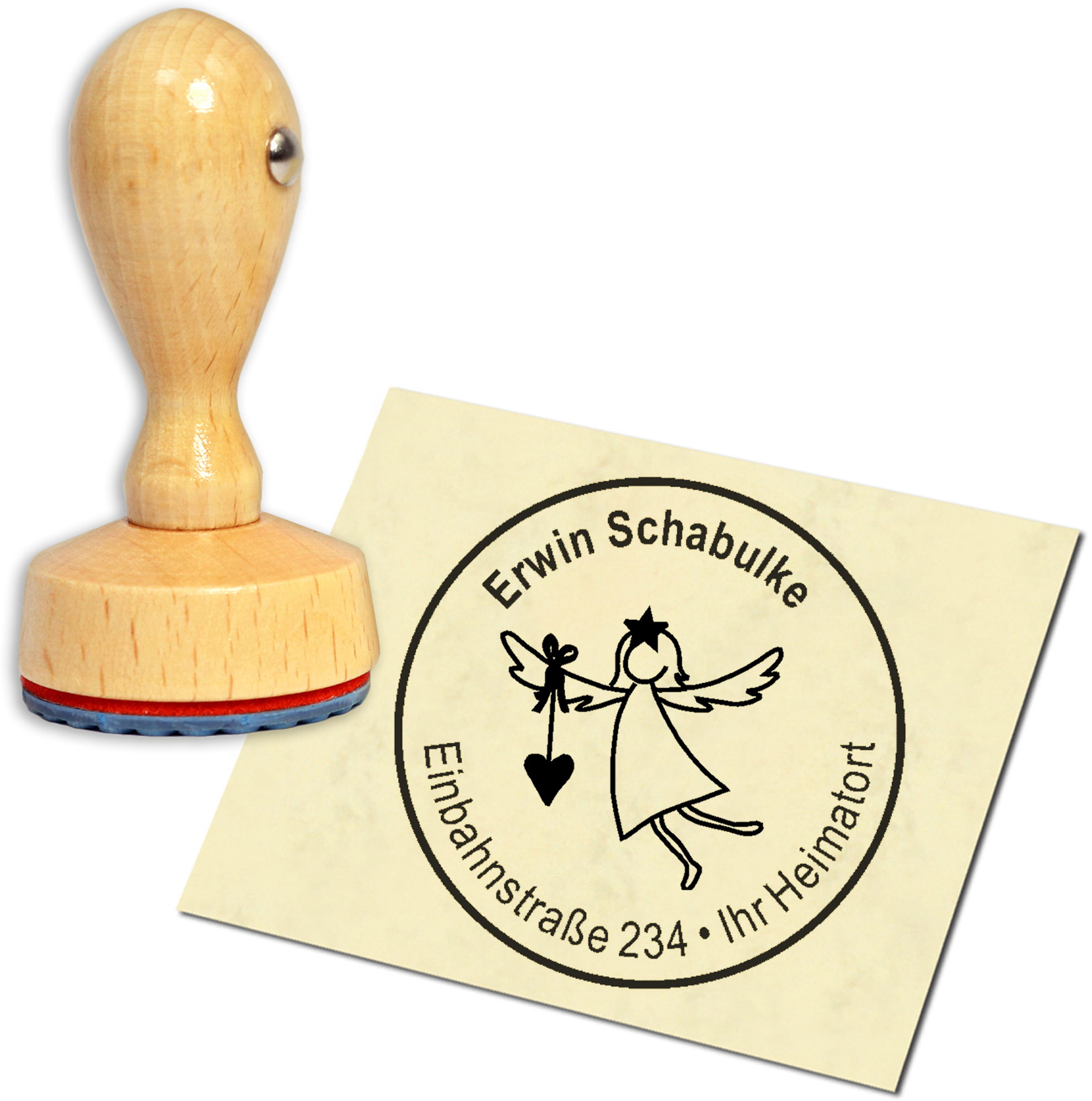 Stempel Adressstempel Holzstempel - Engel Schutzengel mit Herz - rund 40mm