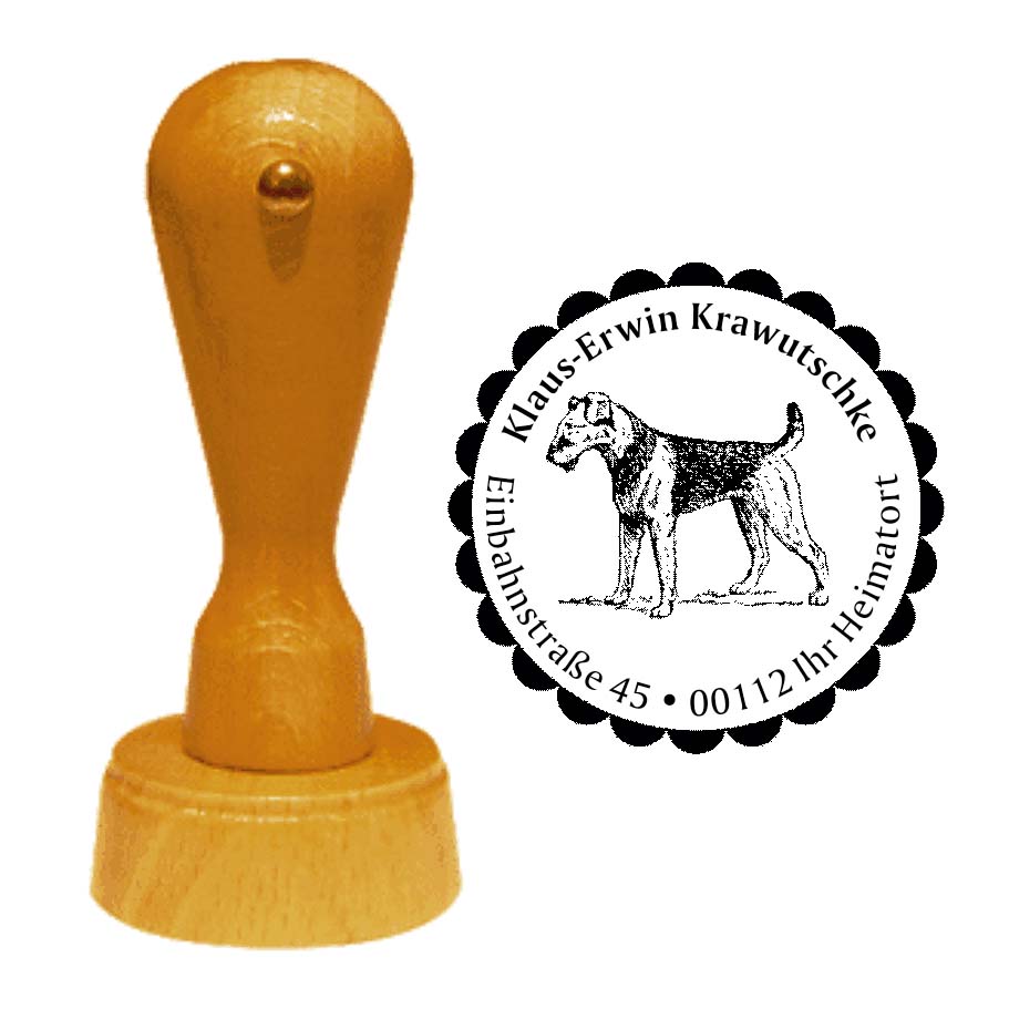 Adressstempel Airedale Terrier -  Holzstempel personalisiert mit Adresse - Ø 40 mm