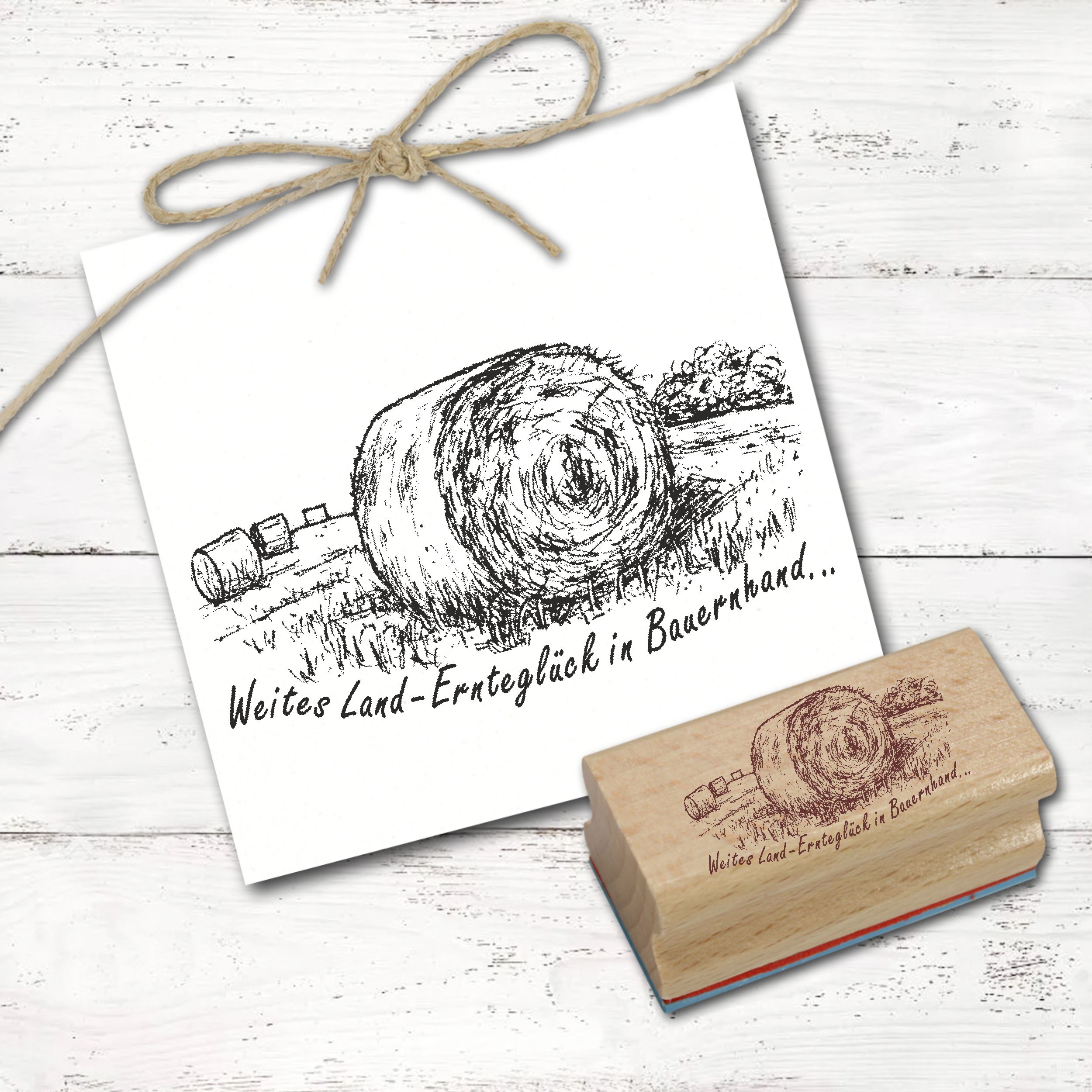 Motivstempel Strohballen Feld - Weites Land - Ernteglück in Bauernhand - Stempel Holzstempel 68 x 38 mm