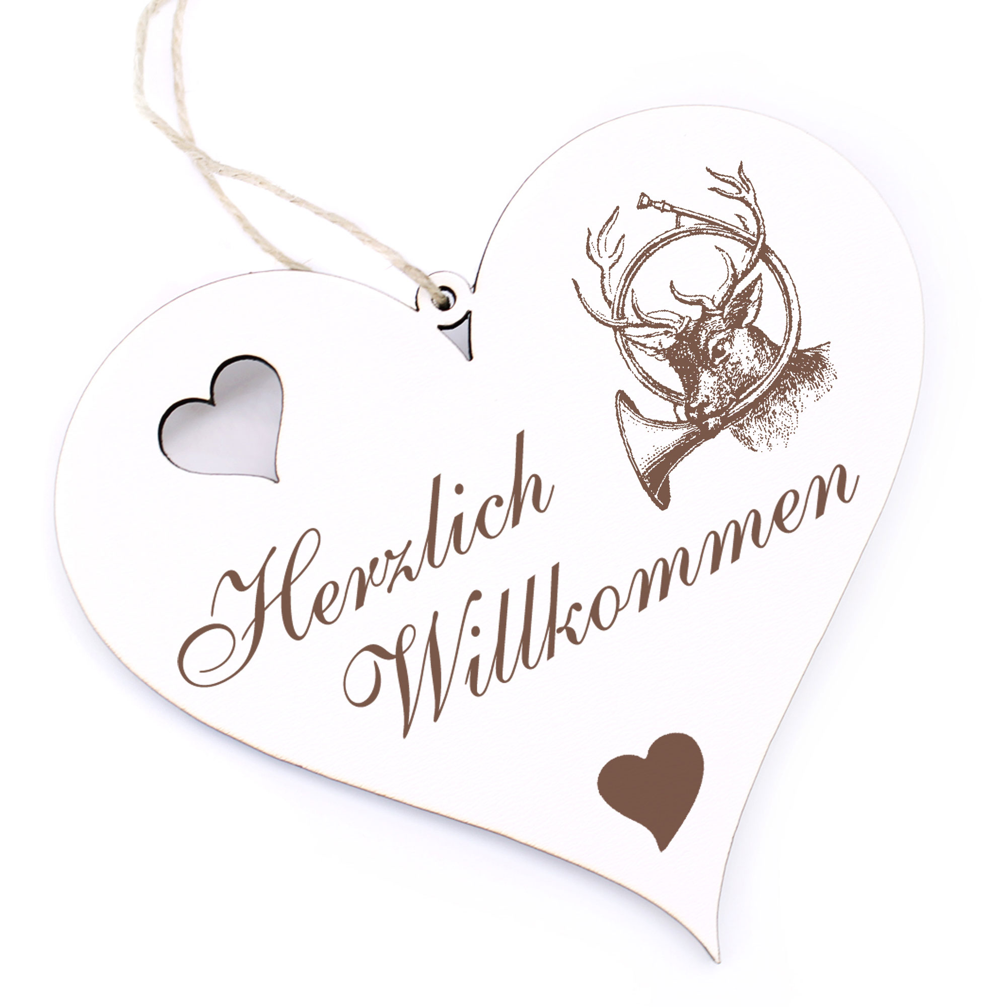 Herzlich Willkommen Schild - Hirsch mit Waldhorn - Deko Herz Holz