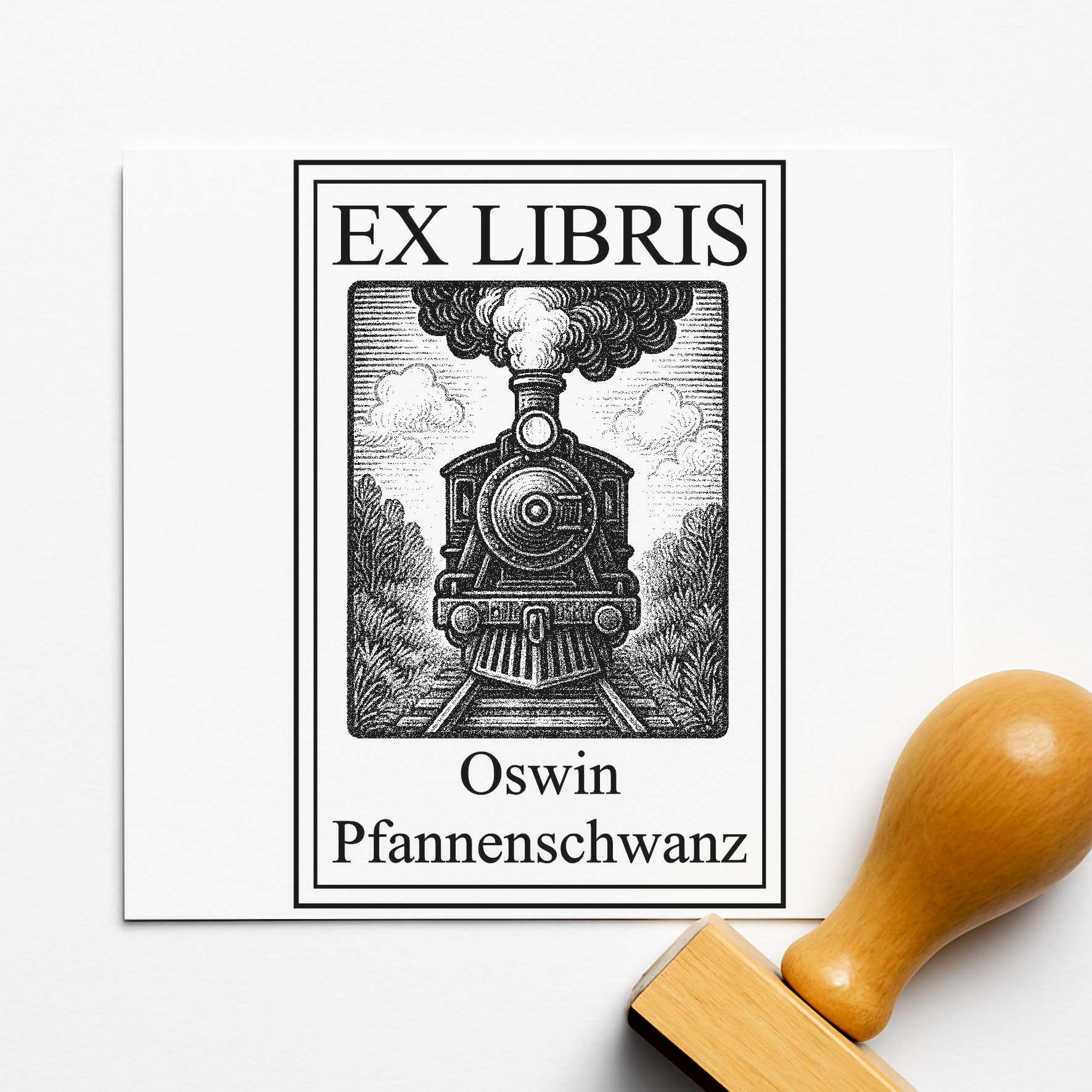 Ex Libris Stempel personalisiert mit Namen Motiv Lokomotive - Bücherstempel individuell - 40 x 60 mm