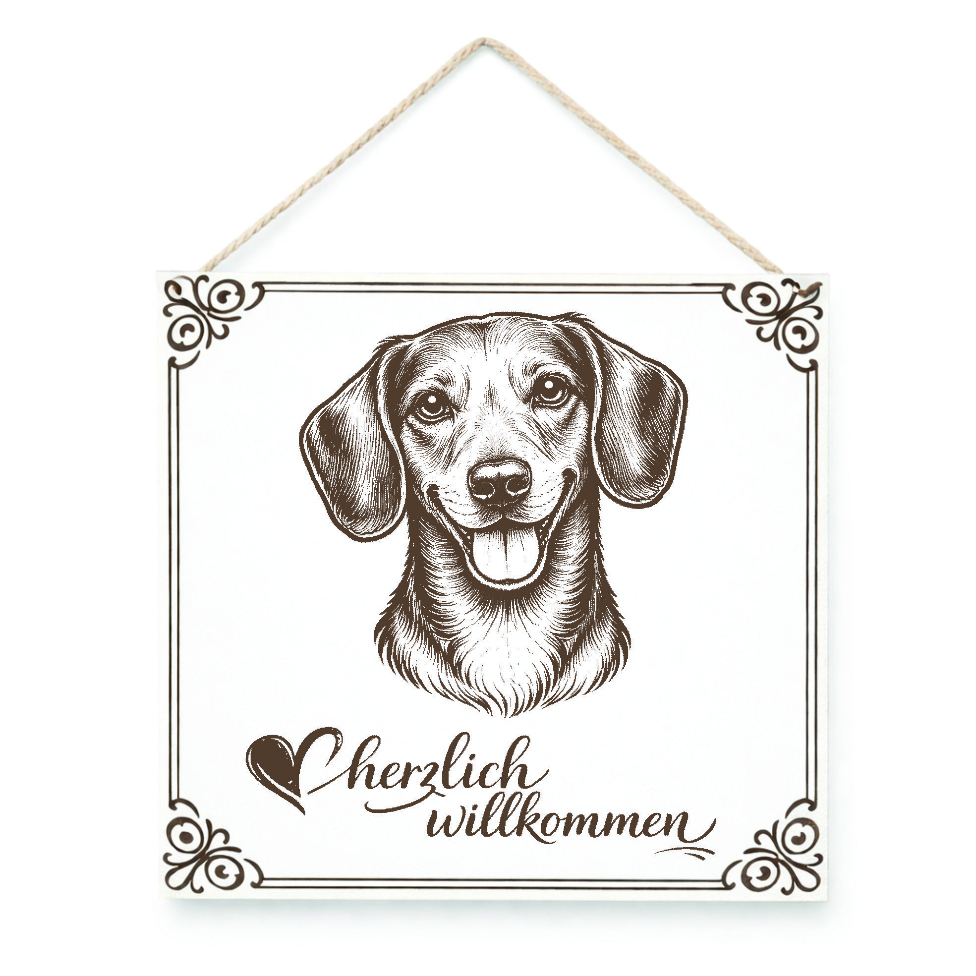 Hund Willkommensschild Dackel – Türschild Herzlich Willkommen  – Dekoschild Haustür 15×15 cm