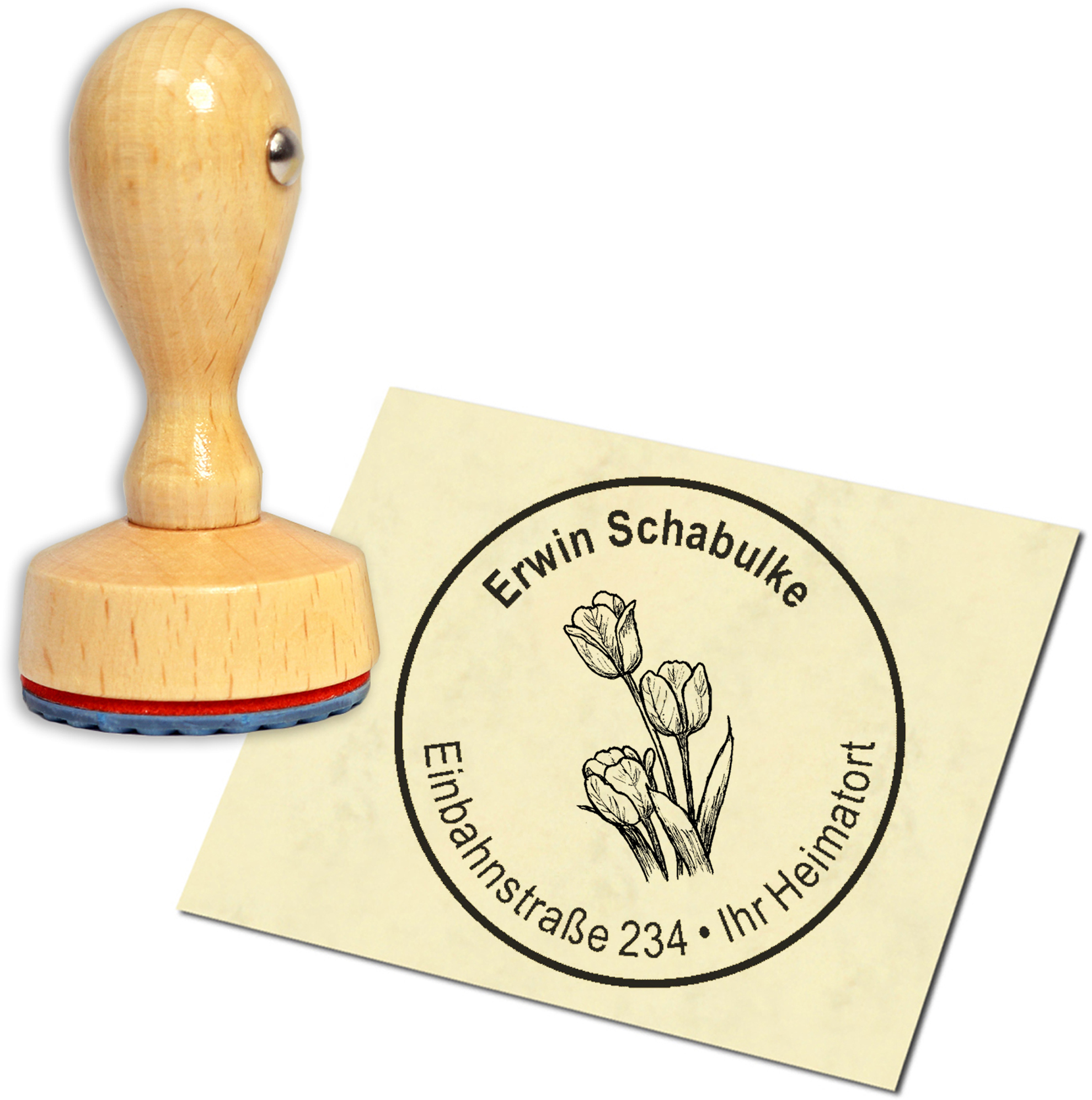 Stempel Adressstempel Holzstempel - drei Tulpen - rund 40mm