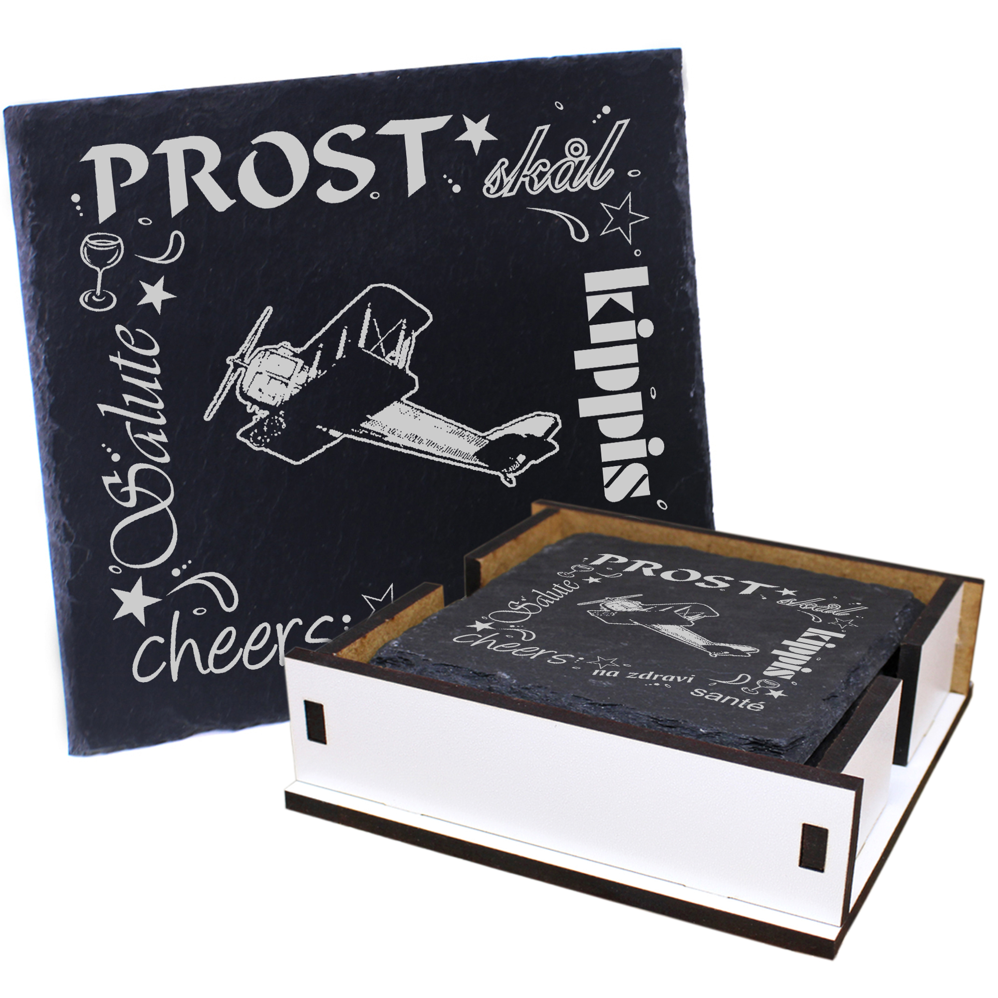 5 x Schiefer Untersetzer - Prost Doppeldecker - inkl. Holzbox & Flaschenuntersetzer