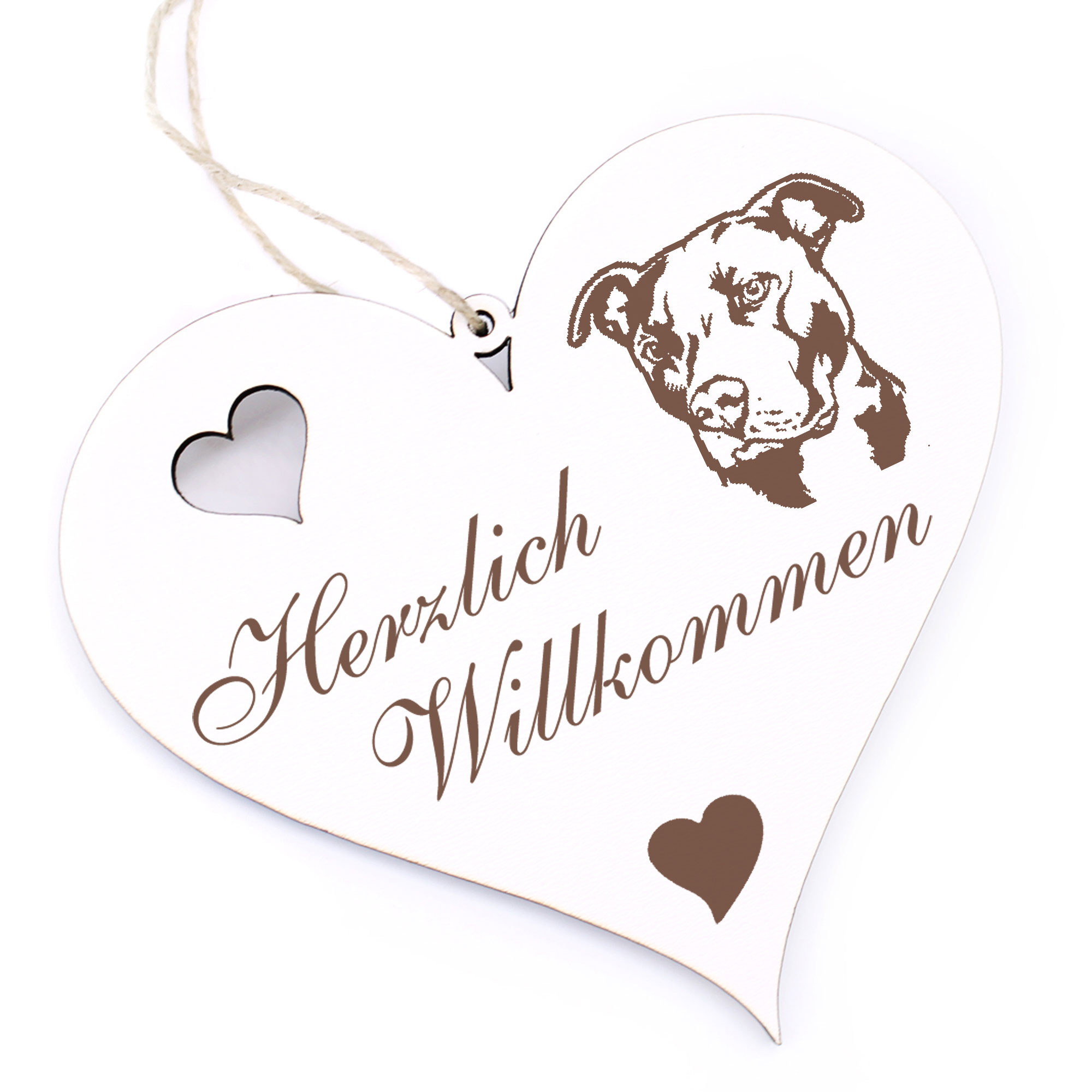 Herzlich Willkommen Schild - American Pit Bull Terrier Kopf - Deko Herz Holz