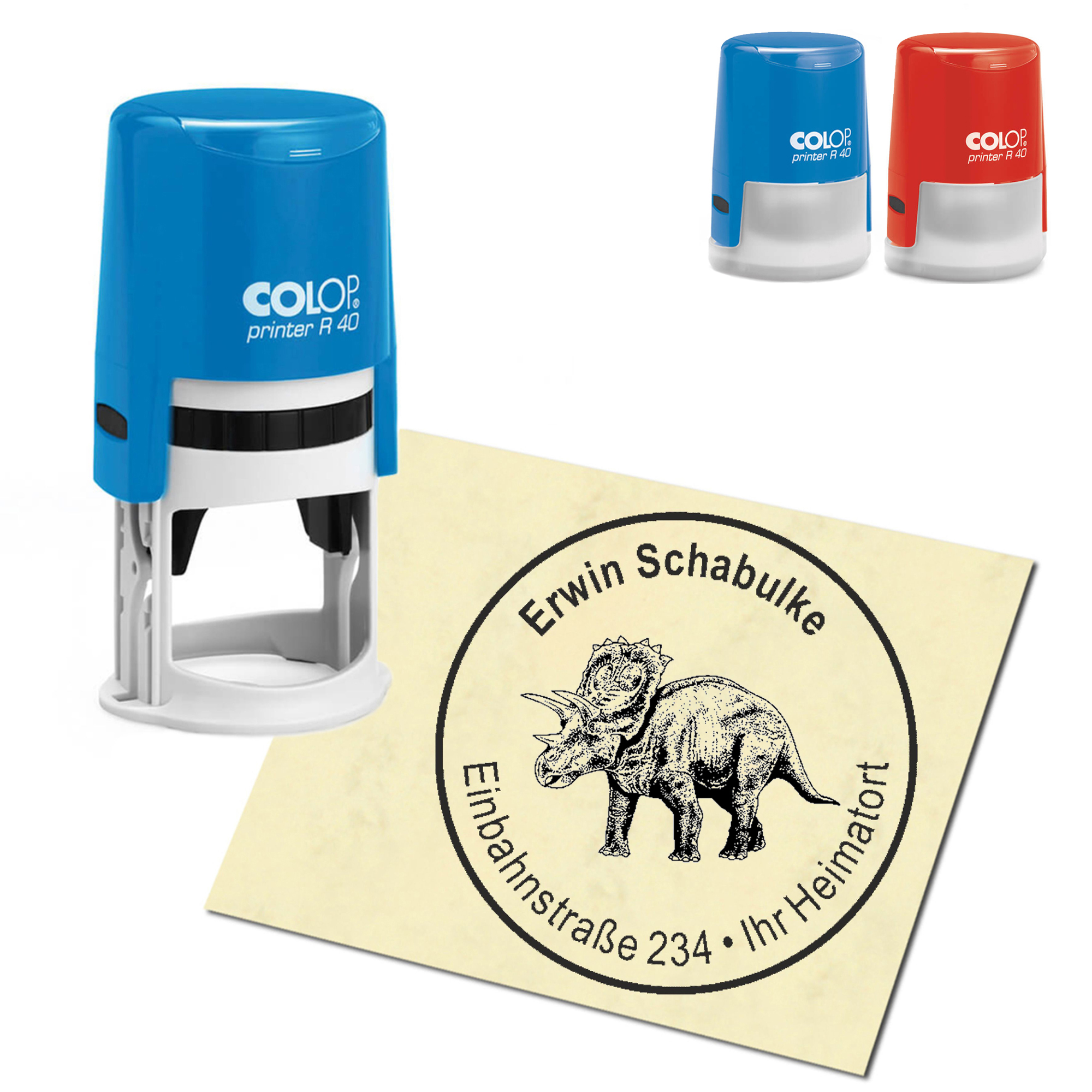 Stempel Adressstempel personalisiert - Dinosaurier Trizeratops - rund &empty; 40mm