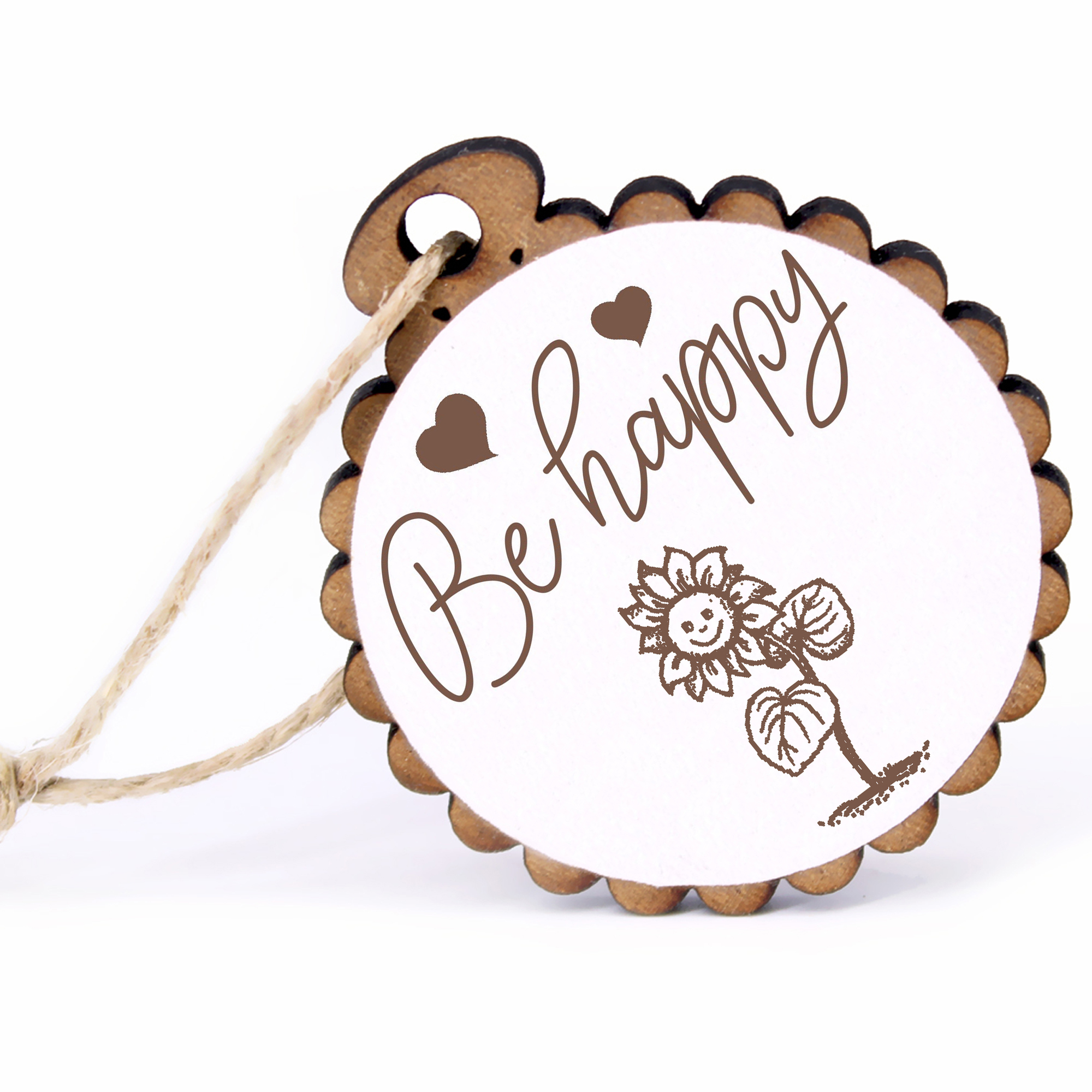 Geschenkanhänger - Be Happy lustige Sonnenblume -  Holz Ø-5cm - mit Juteband