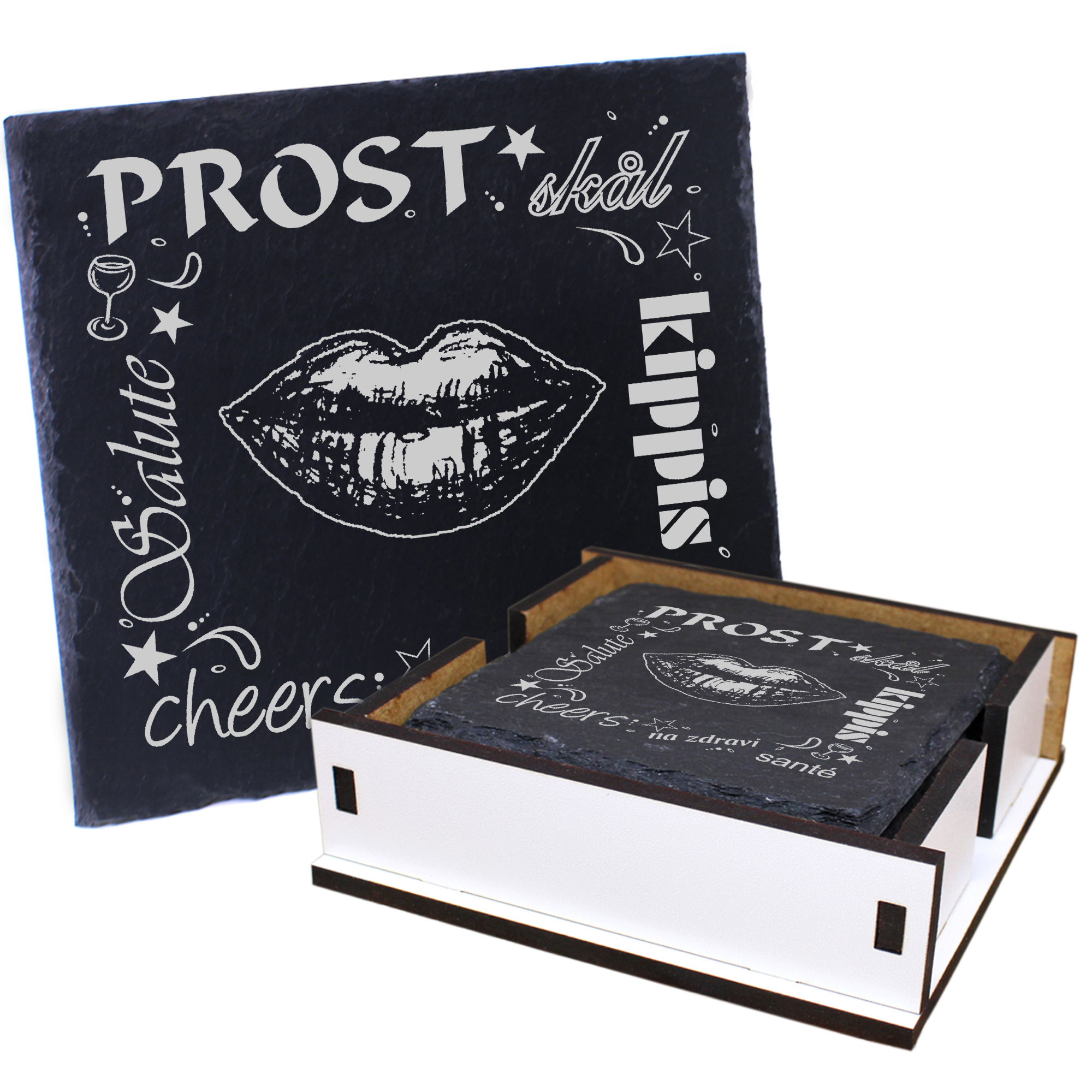 5 x Schiefer Untersetzer - Prost Mund - inkl. Holzbox & Flaschenuntersetzer