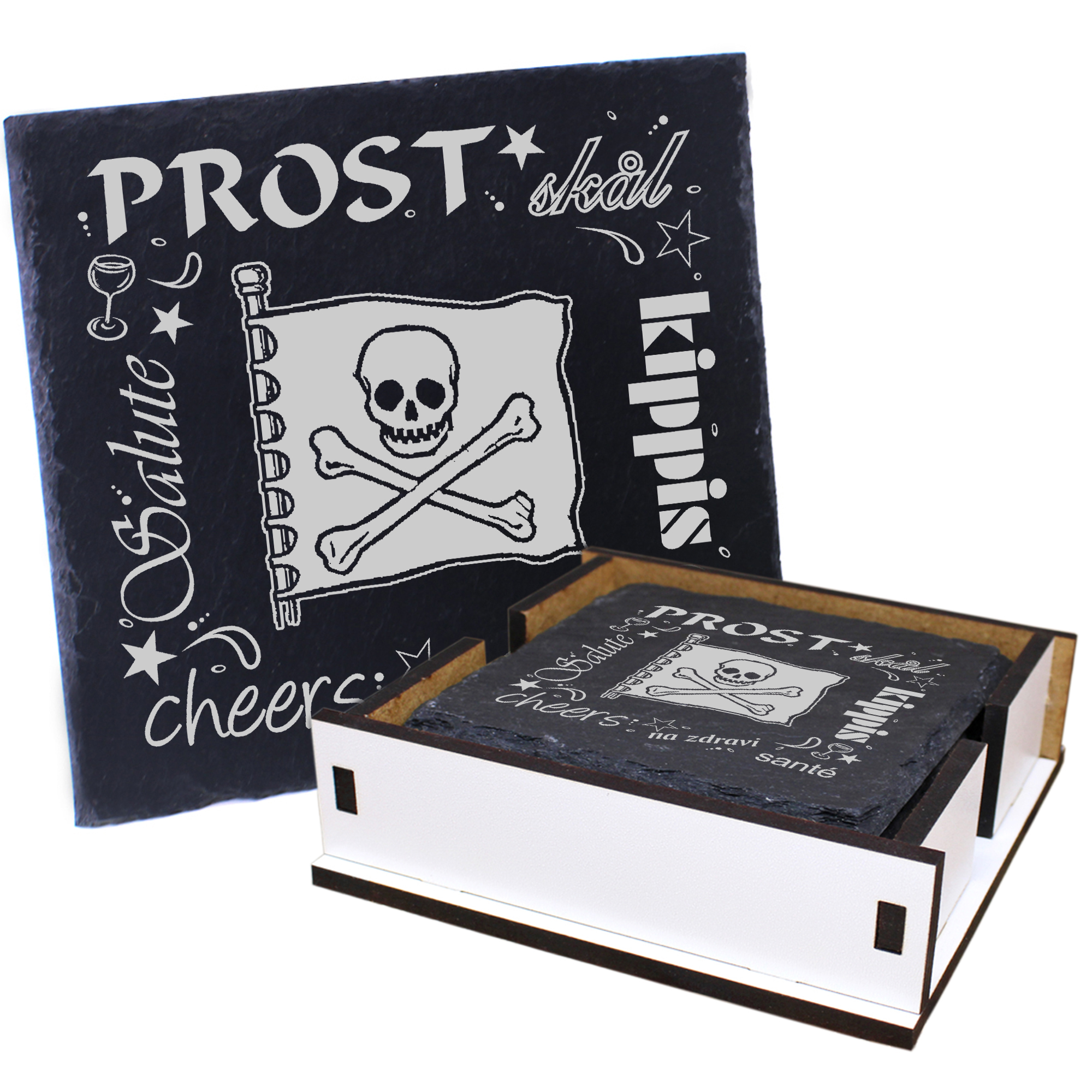 5 x Schiefer Untersetzer - Prost Piratenflagge - inkl. Holzbox & Flaschenuntersetzer