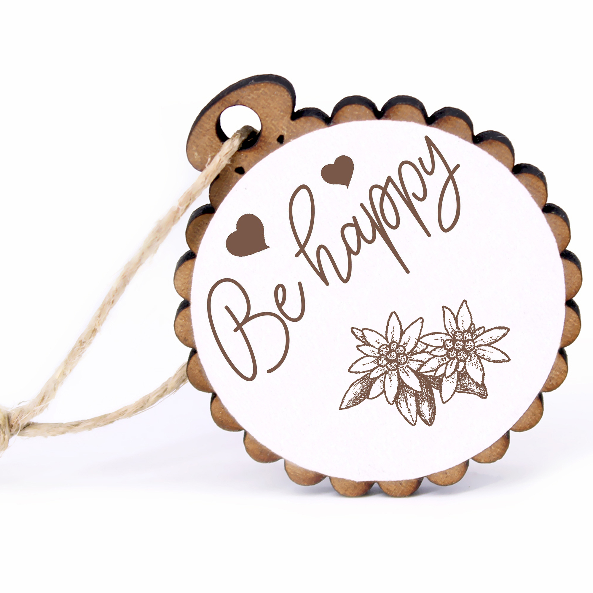 Geschenkanhänger - Be Happy Alpen Edelweiss -  Holz Ø-5cm - mit Juteband