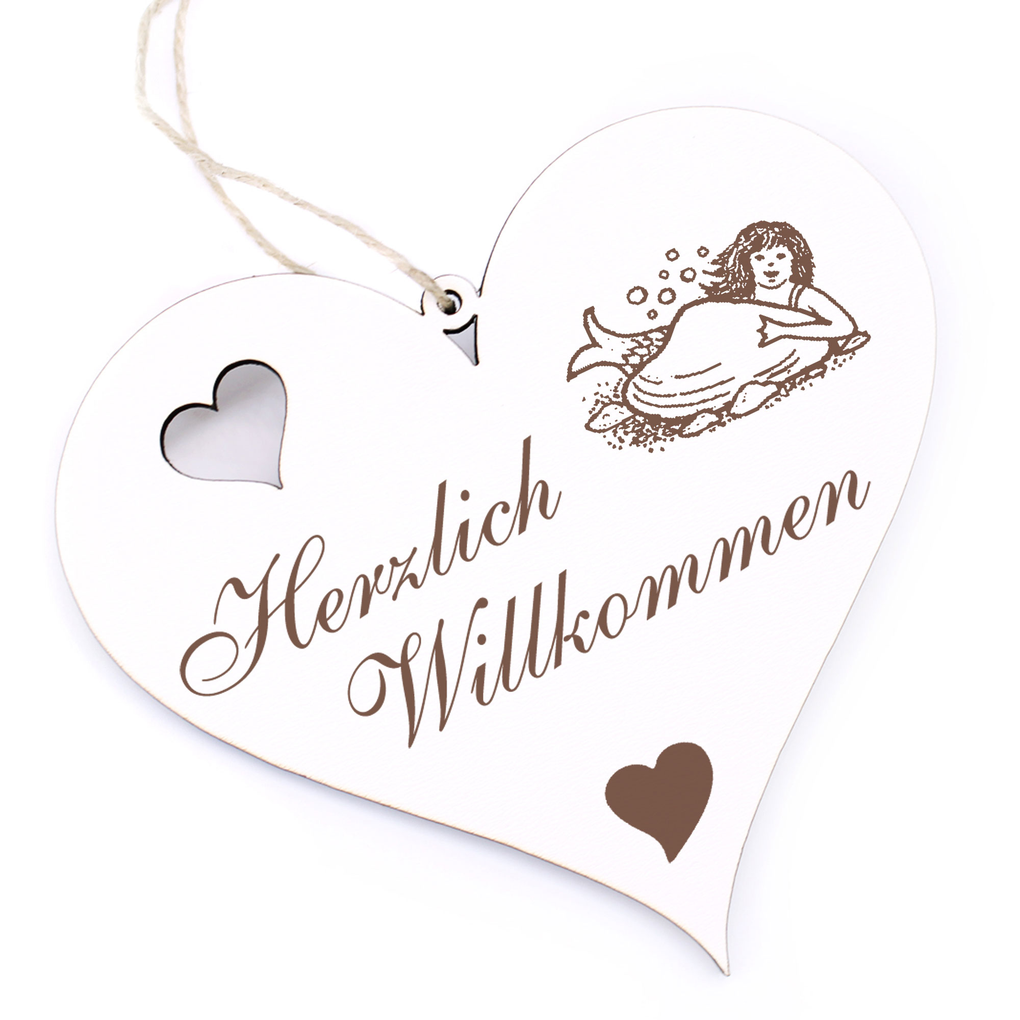 Herzlich Willkommen Schild - Meerjungfrau mit Muschel - Deko Herz Holz