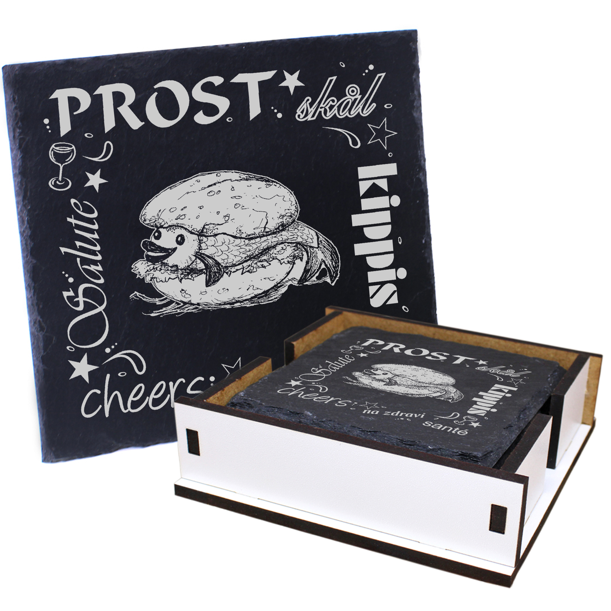 5 x Schiefer Untersetzer - Prost lustiges Fischbrötchen - inkl. Holzbox & Flaschenuntersetzer