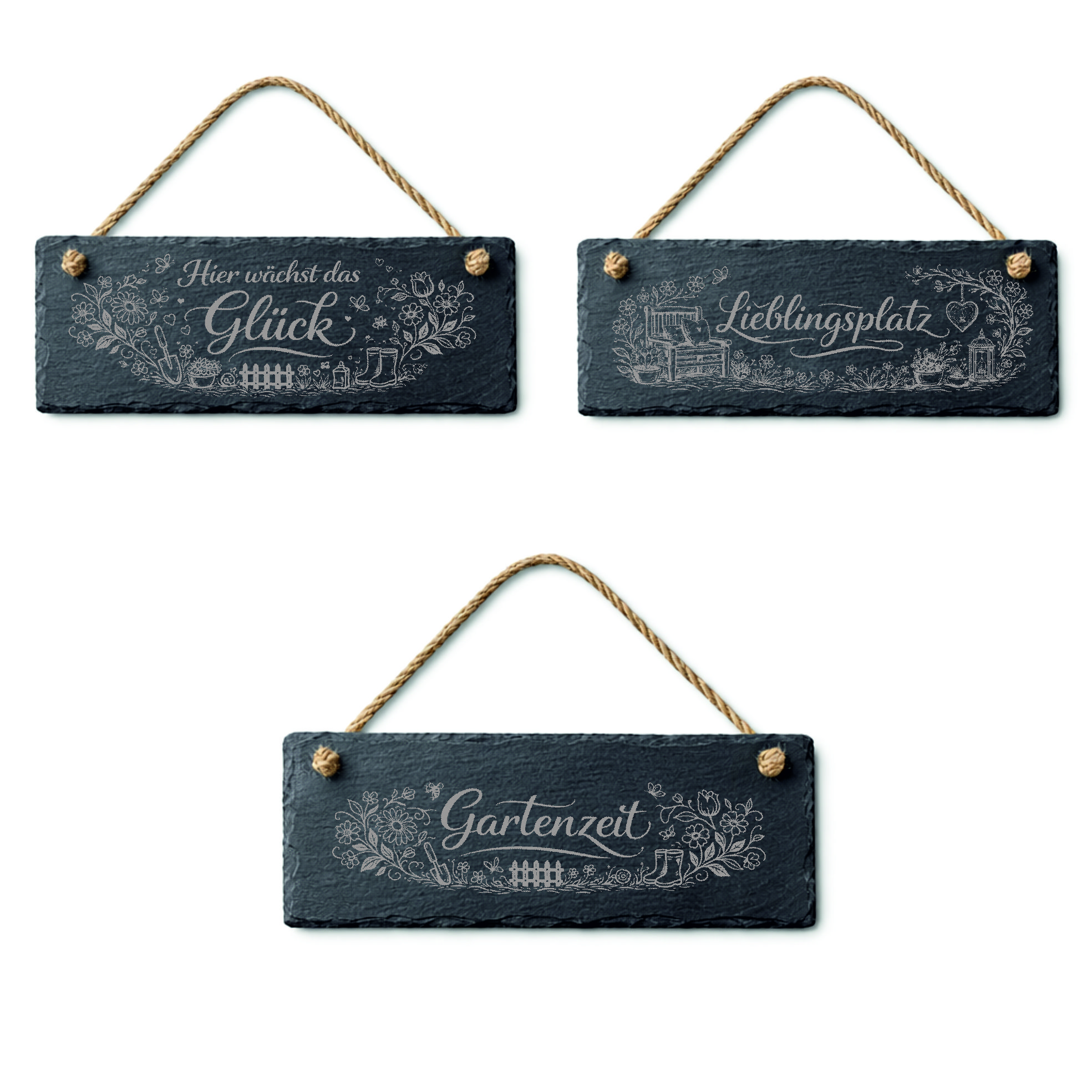 Schiefertafel Garten 3er Set – Gartenschilder zum Aufhängen - Gartenzeit, Hier wächst das Glück, Lieblingsplatz - 22 x 8 cm