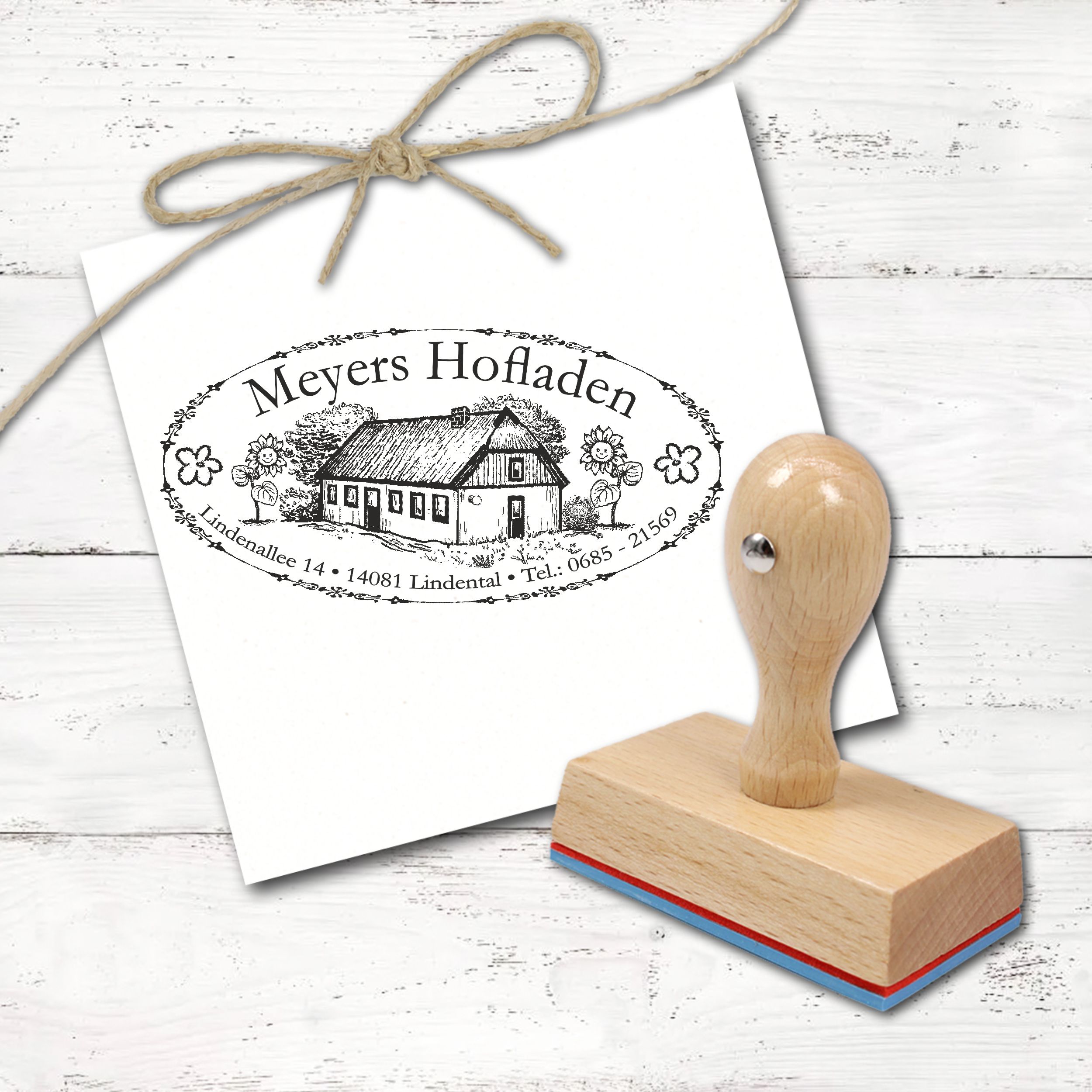 Personalisierter Hofladen Stempel mit Name & Adresse - Landhaus Motiv Bauernhof - Holzstempel oval 100x50 mm