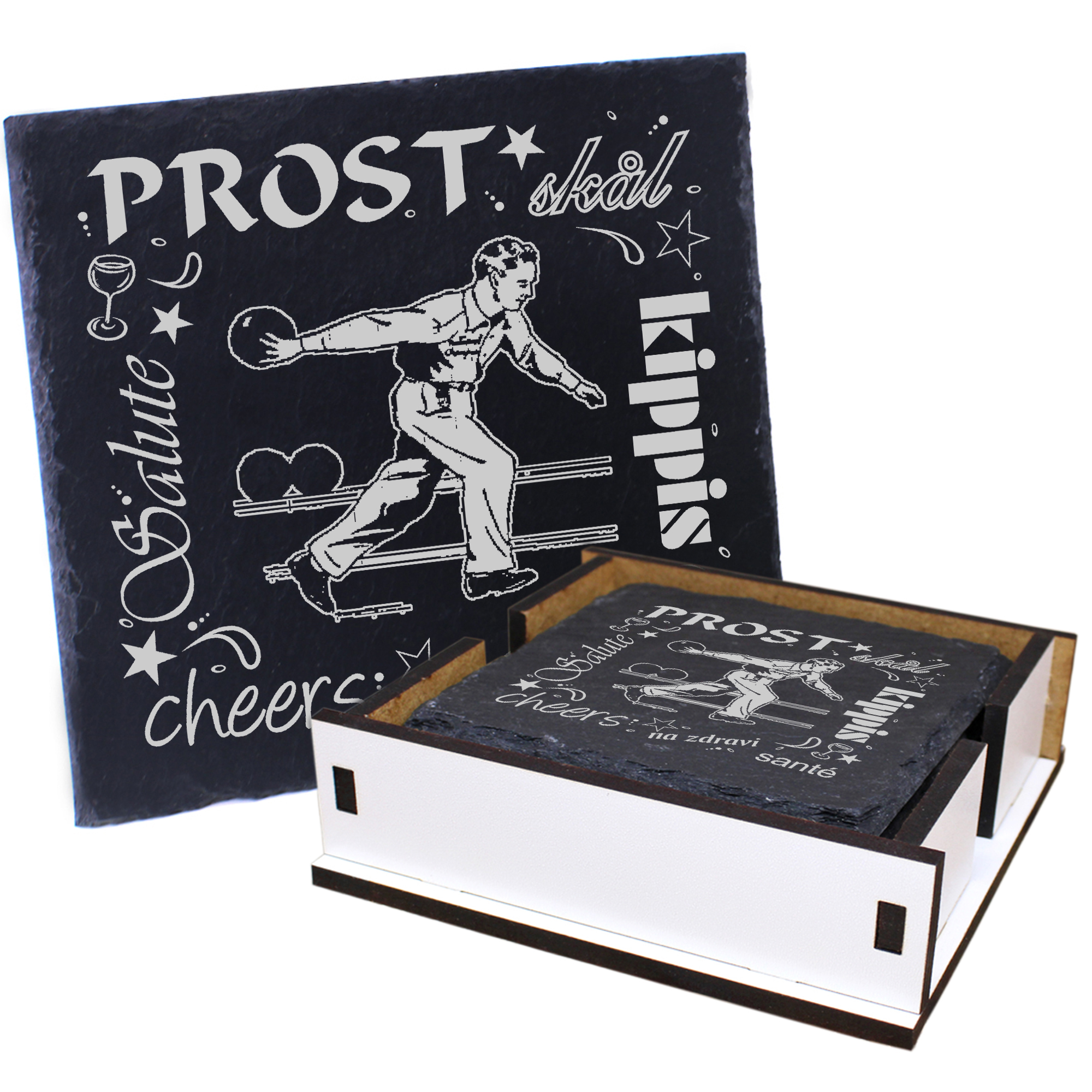 5 x Schiefer Untersetzer - Prost Bowler - inkl. Holzbox & Flaschenuntersetzer