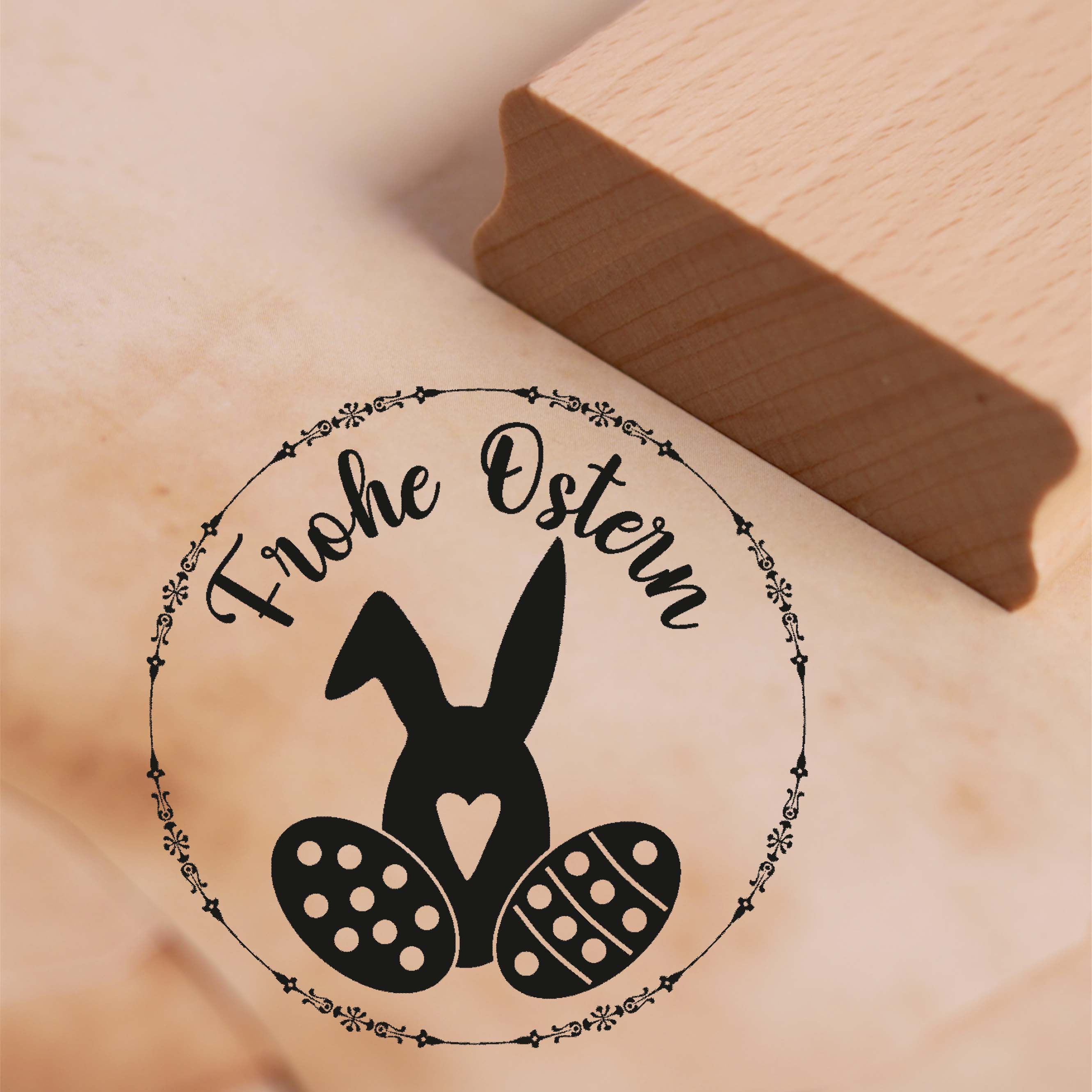 Motivstempel Frohe Ostern - Osterhase Osterhasenkopf und Eier Stempel 48 x 48 mm