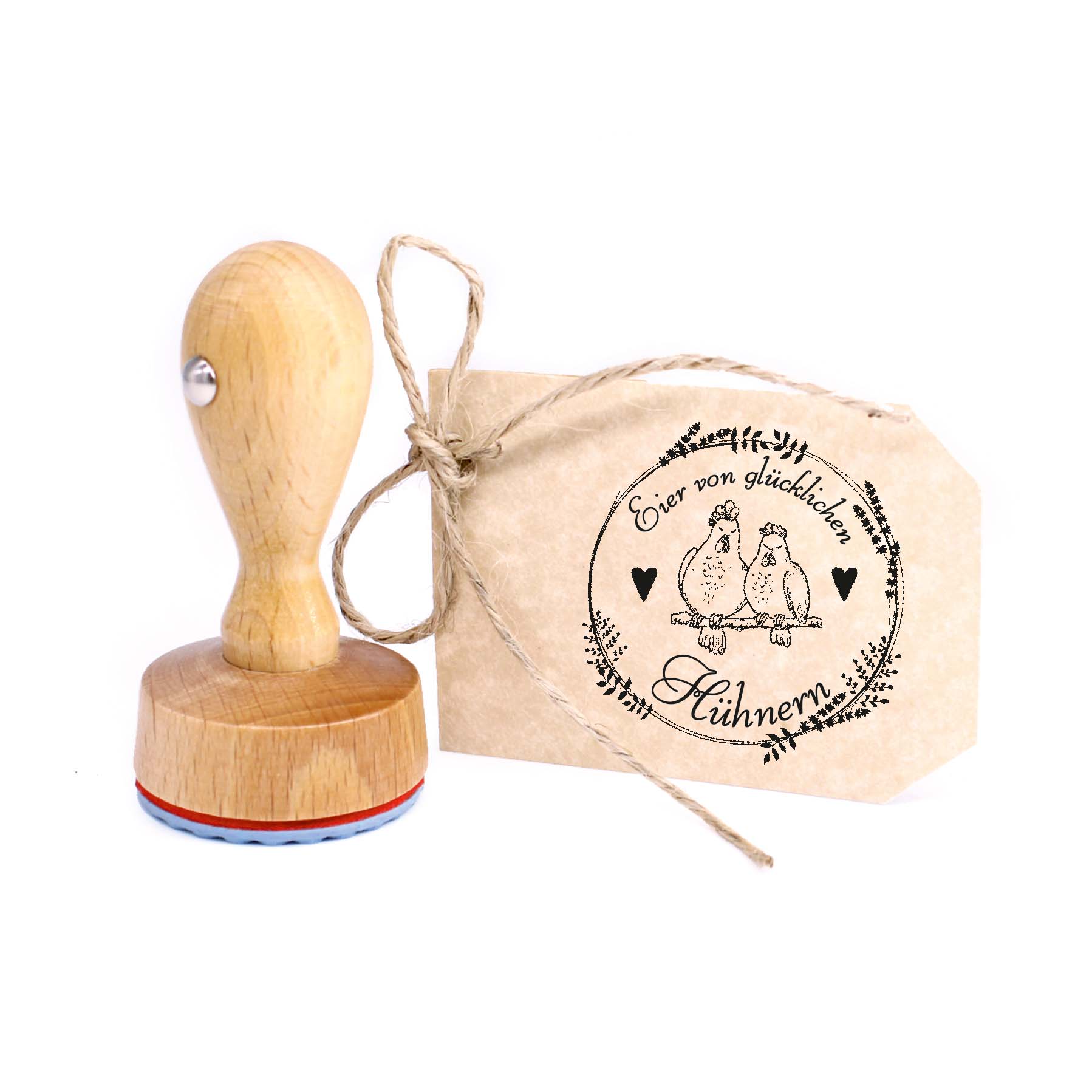 Stempel Eier von glücklichen Hühnern - Motiv 2 Hühner Vintage Kranz Rundstempel Eierstempel 39x37mm