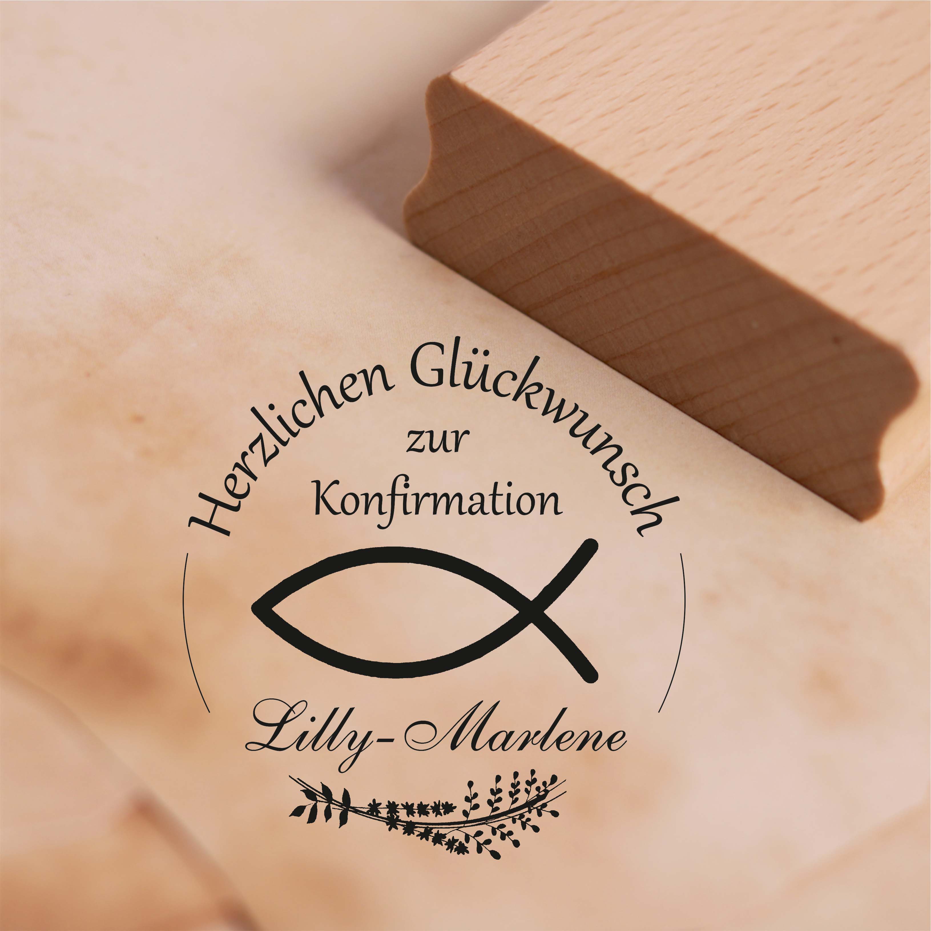 Stempel Herzlichen Glückwunsch zur Konfirmation mit Name - Christenfisch Kranz Motivstempel 38 x 38