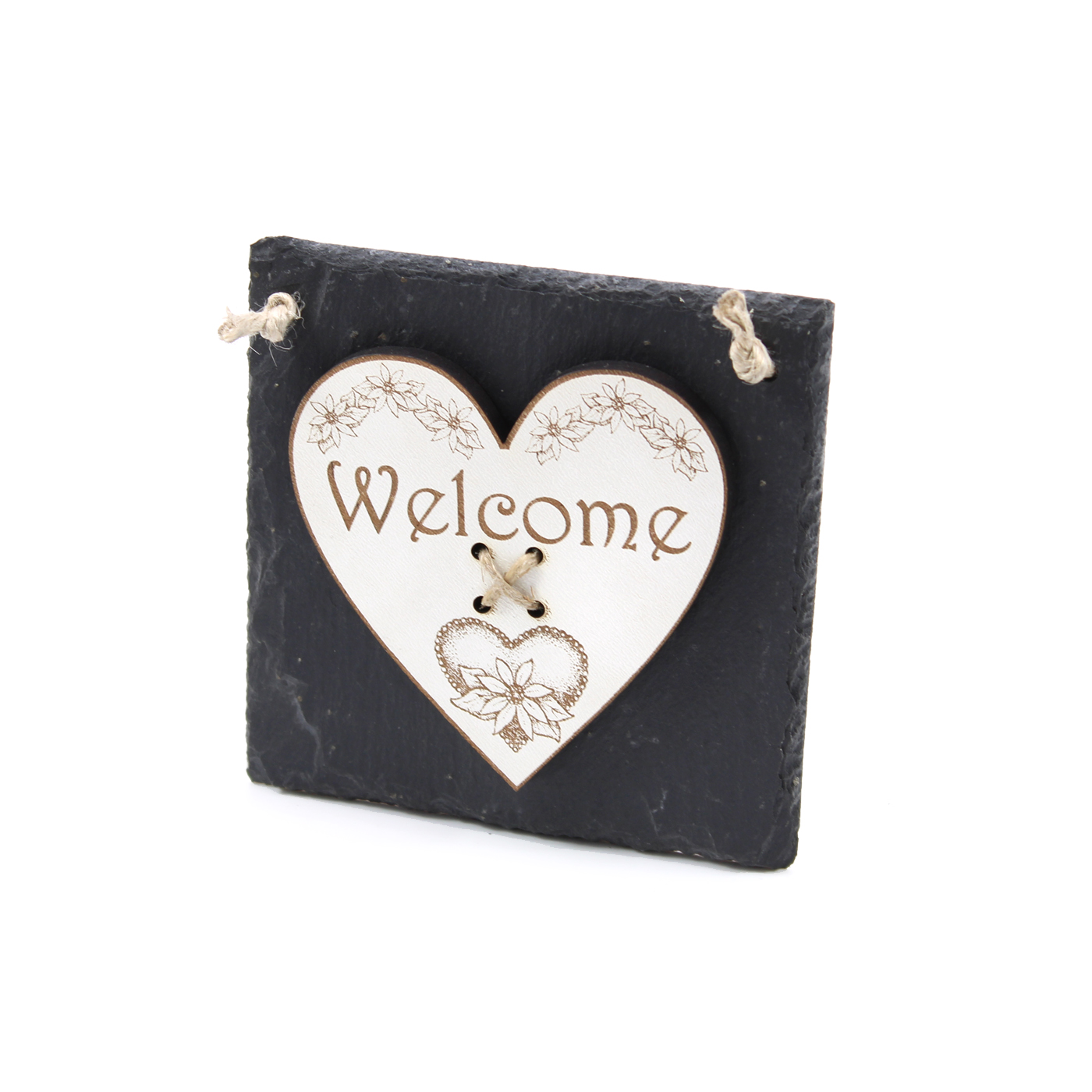 Schiefer Schild Welcome mit graviertem Holzherz - Schild Türschild Türdeko 11x11 cm