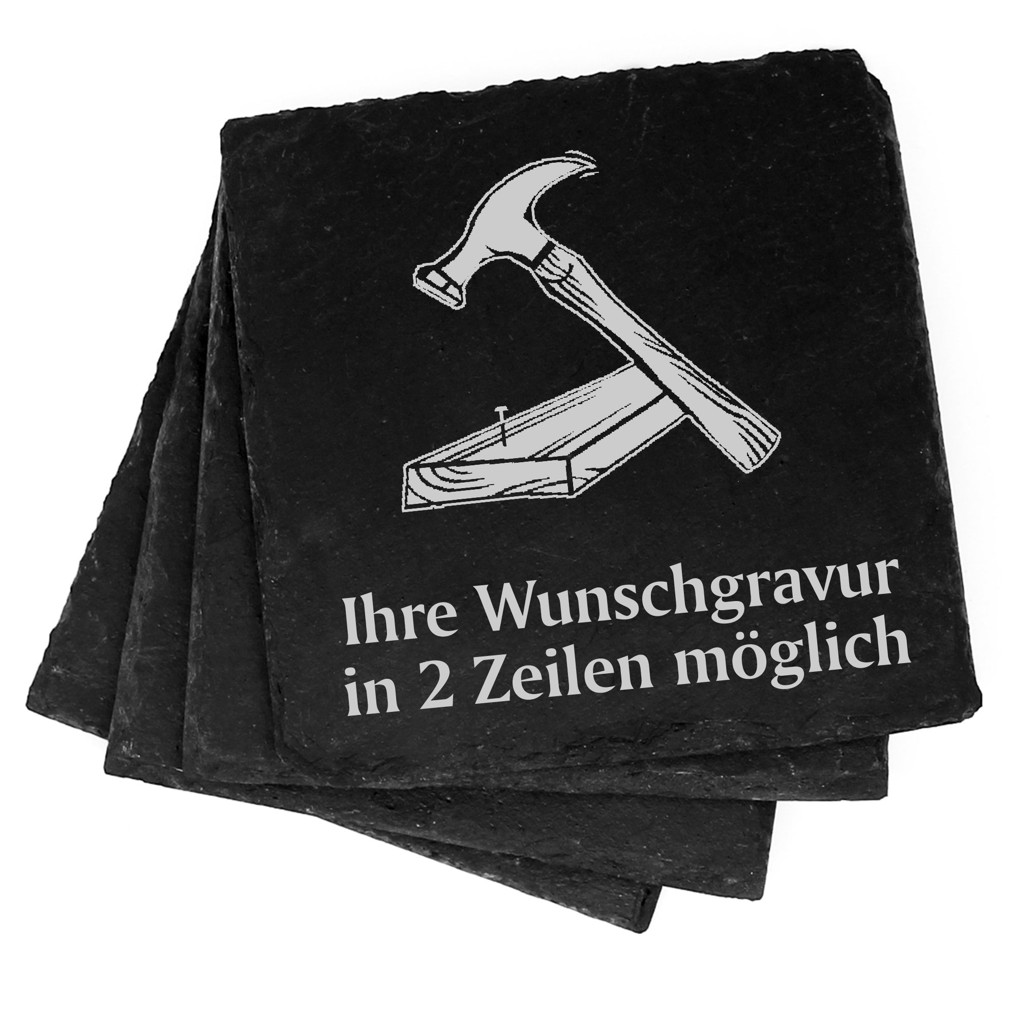 4x Zimmermann Hammer und Brett Deko Schiefer Untersetzer Wunschgravur Set - 11 x 11 cm