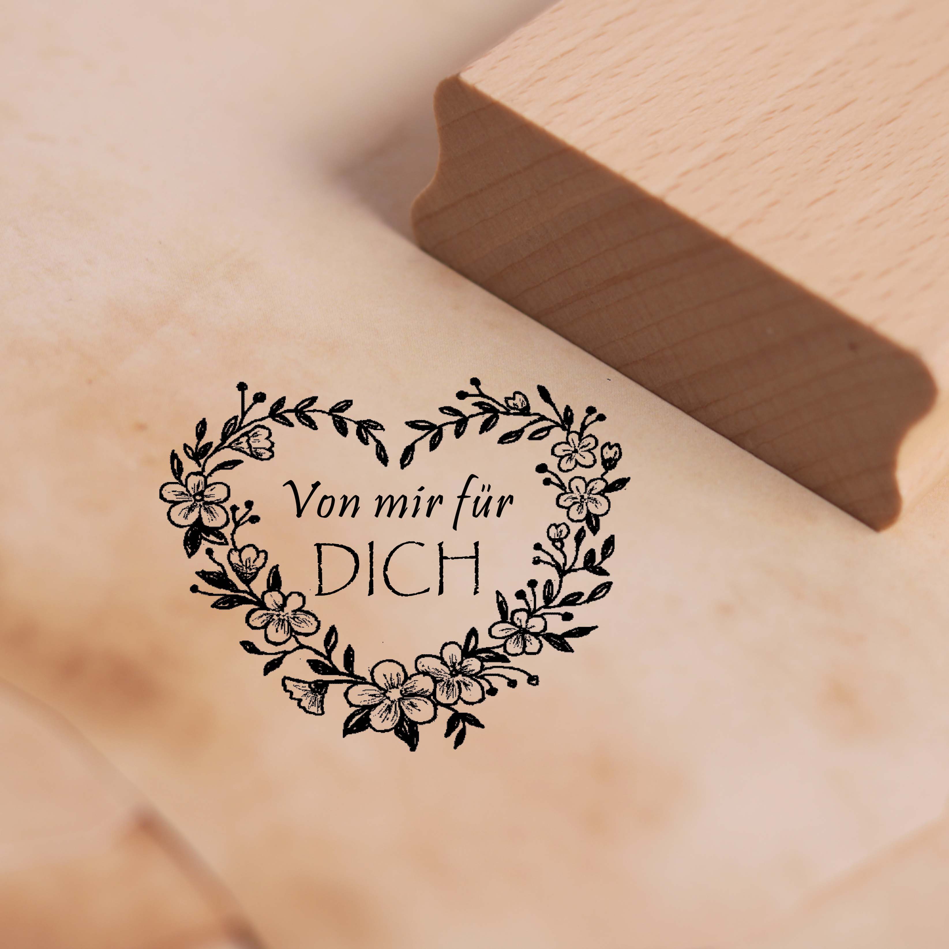 Motivstempel Blumen Herz Von mir für dich - Stempel Holzstempel 48 x 38 mm
