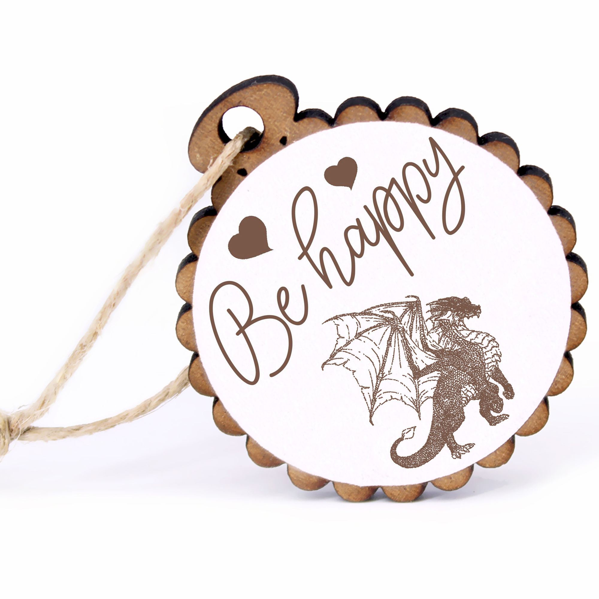 Geschenkanhänger - Be Happy Drache -  Holz Ø-5cm - mit Juteband