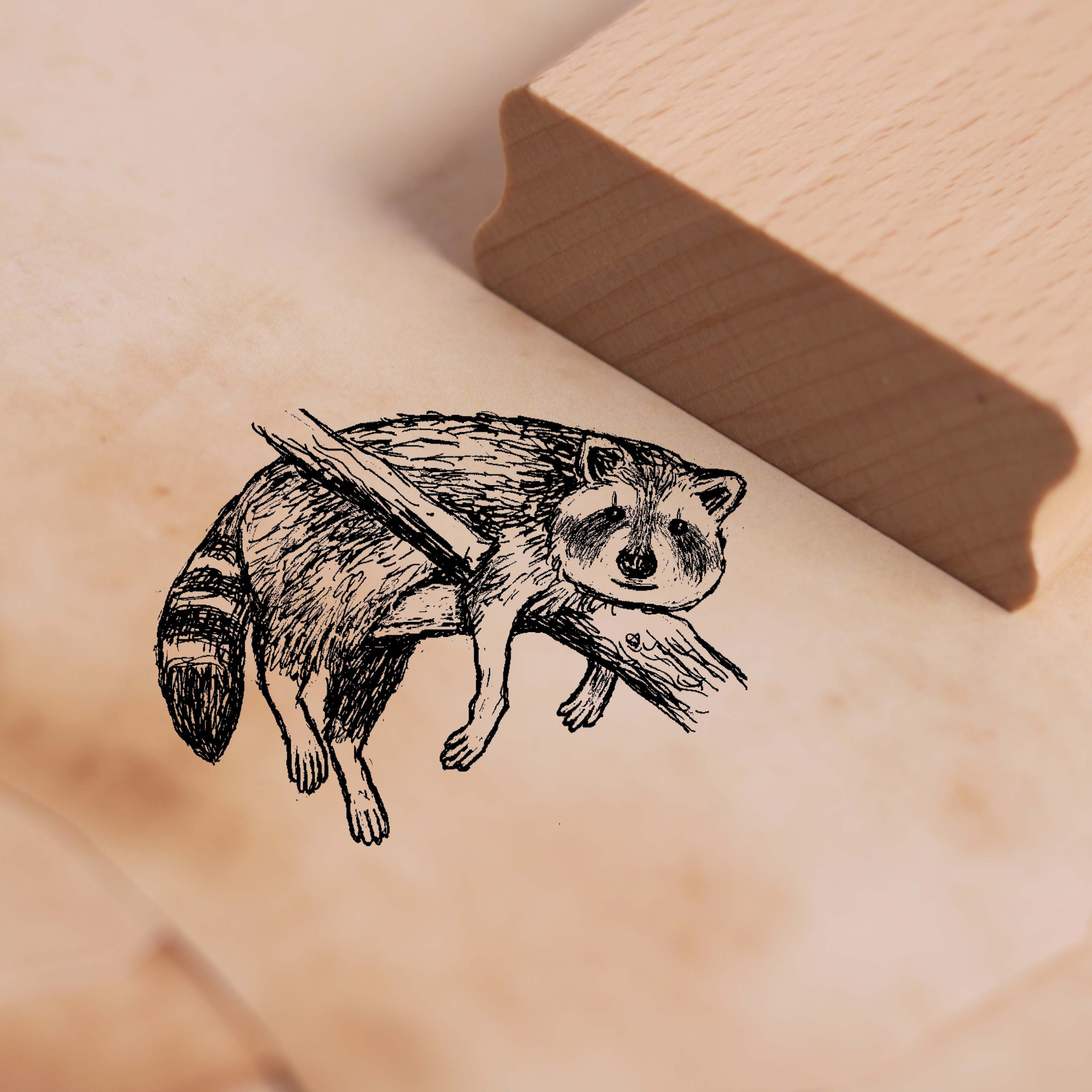 Motivstempel Kleiner Waschbär liegt auf dem Ast - Stempel Holzstempel 38 x 28 mm