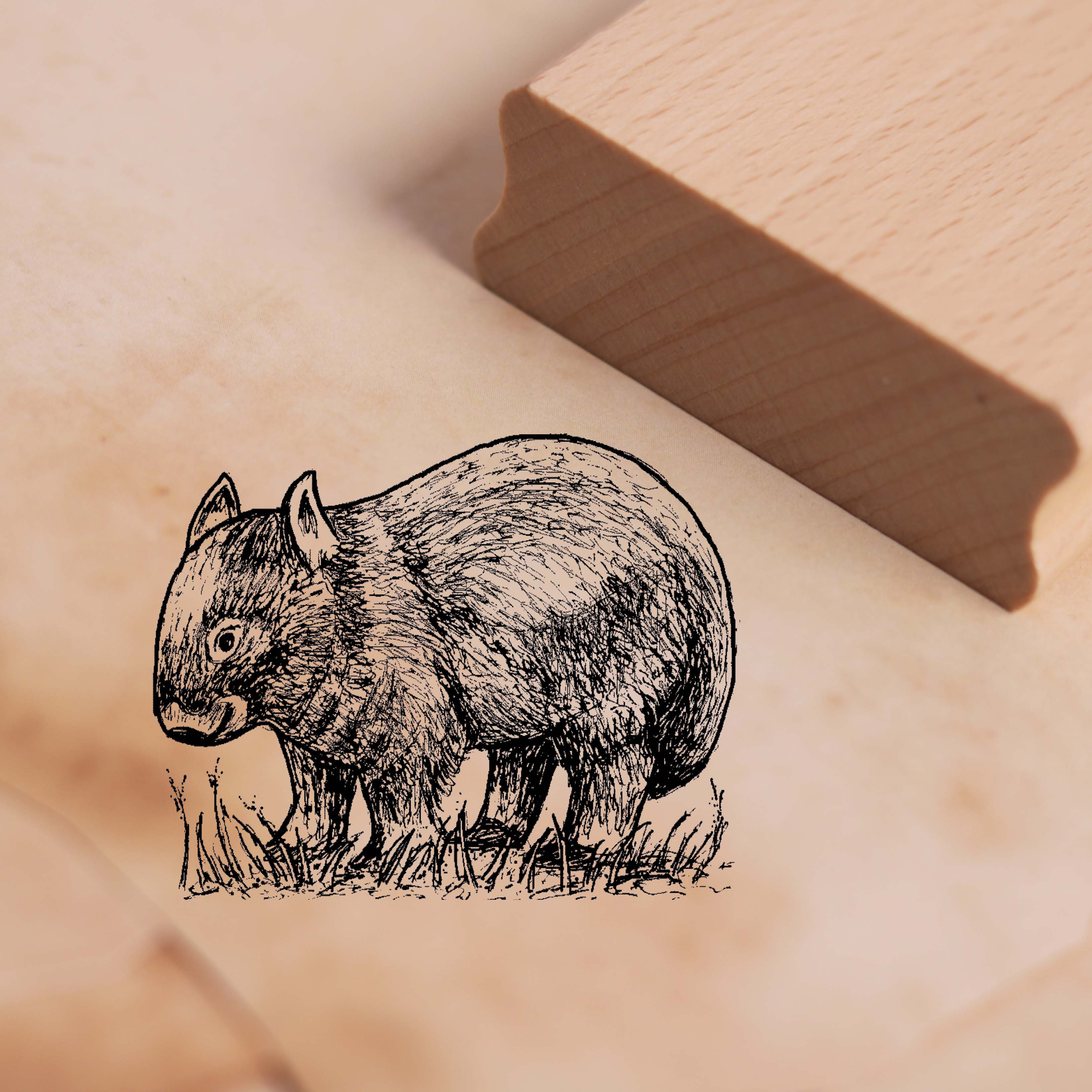 Motivstempel Wombat auf der Wiese - Stempel Holzstempel 48 x 38 mm