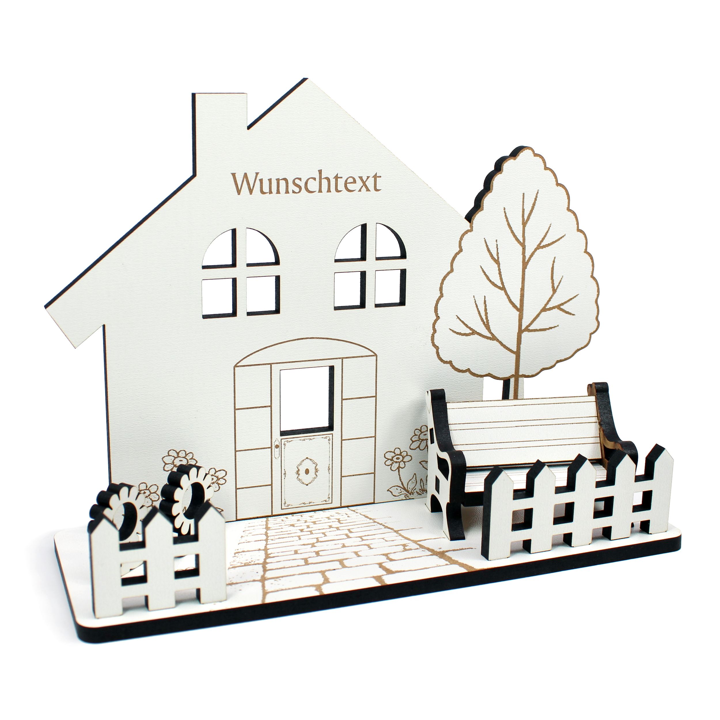 Geldgeschenk Einzug Haus personalisiert – Holzhaus mit Wunschtext - Schild für Geld Gutschein 20 x 14,5 cm