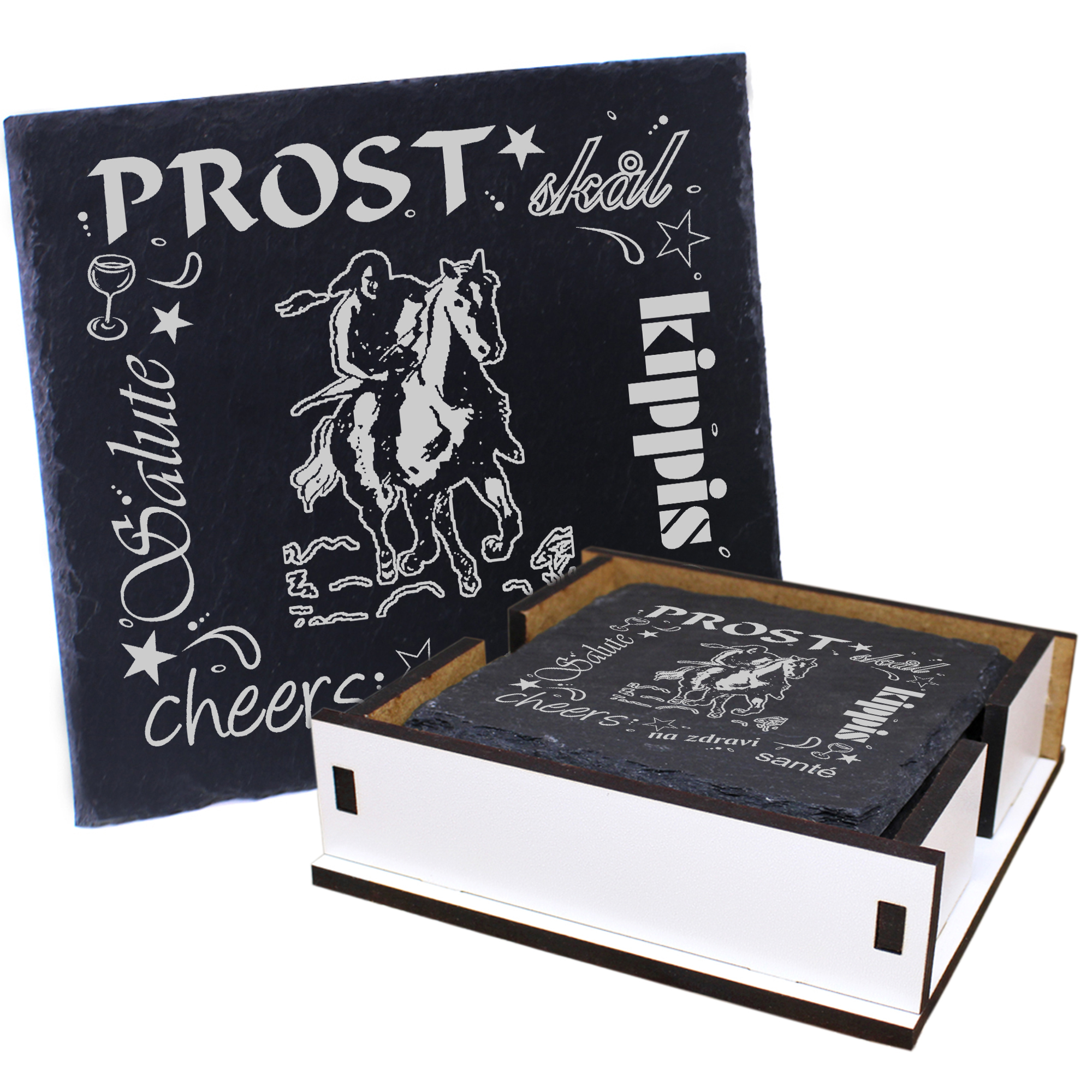 5 x Schiefer Untersetzer - Prost Indianer - inkl. Holzbox & Flaschenuntersetzer