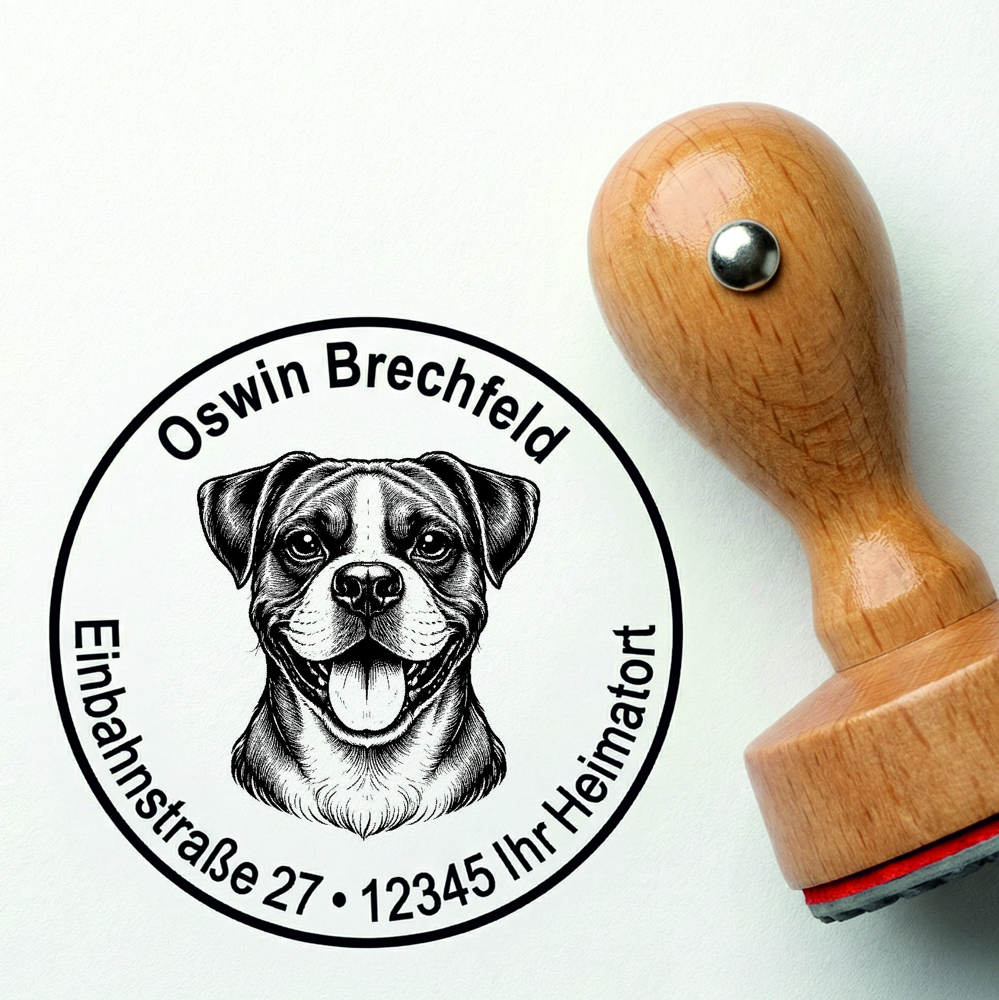 Stempel Boxer personalisiert – Hund Holzstempel mit Name & Adresse