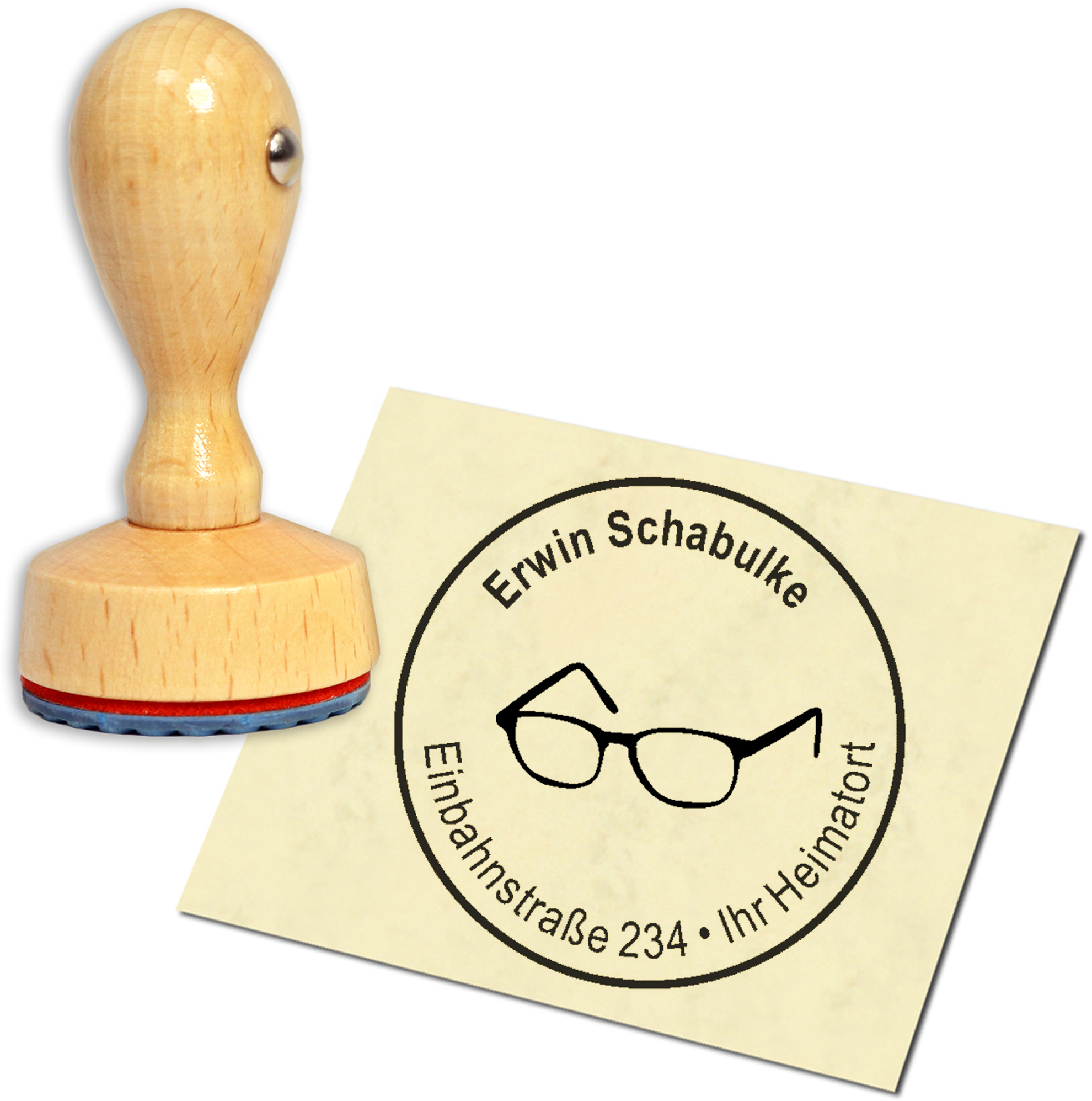 Stempel Adressstempel Holzstempel - Brille - rund 40mm