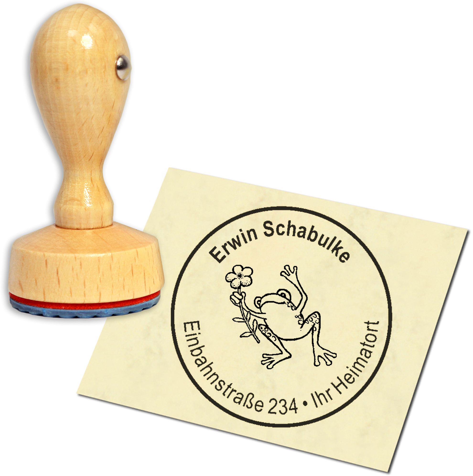 Stempel Adressstempel Holzstempel - Frosch mit Blume - rund 40mm