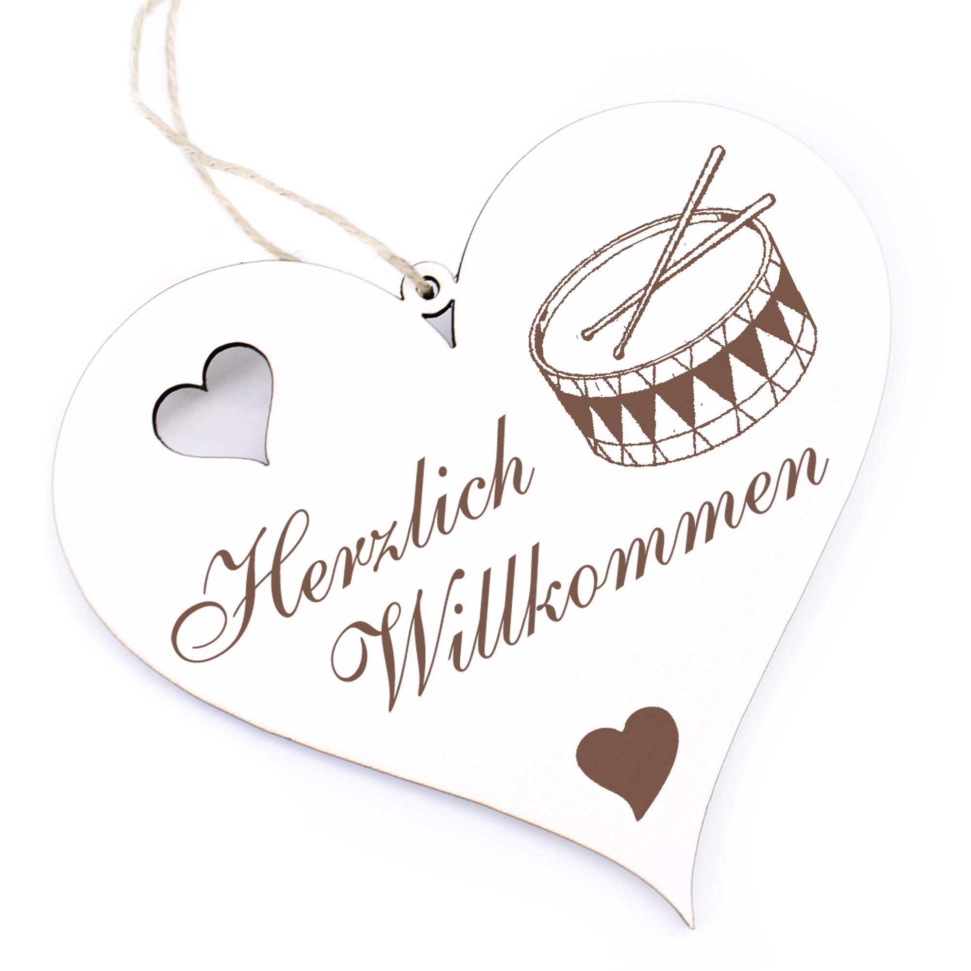 Herzlich Willkommen Schild - Trommel - Deko Herz Holz