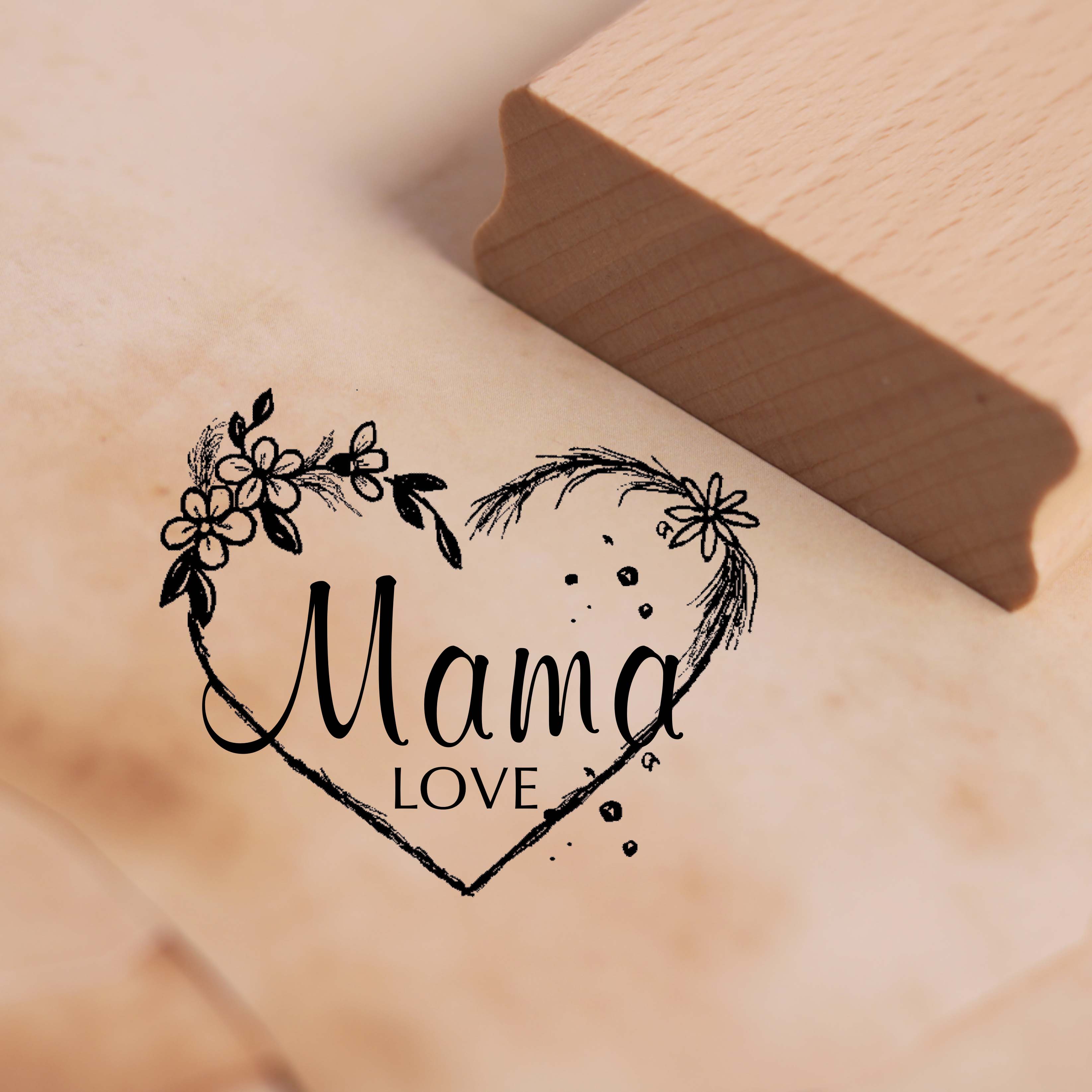 Motivstempel Mama Love - Herz mit Blumen Stempel Holzstempel 68 x 58 mm 