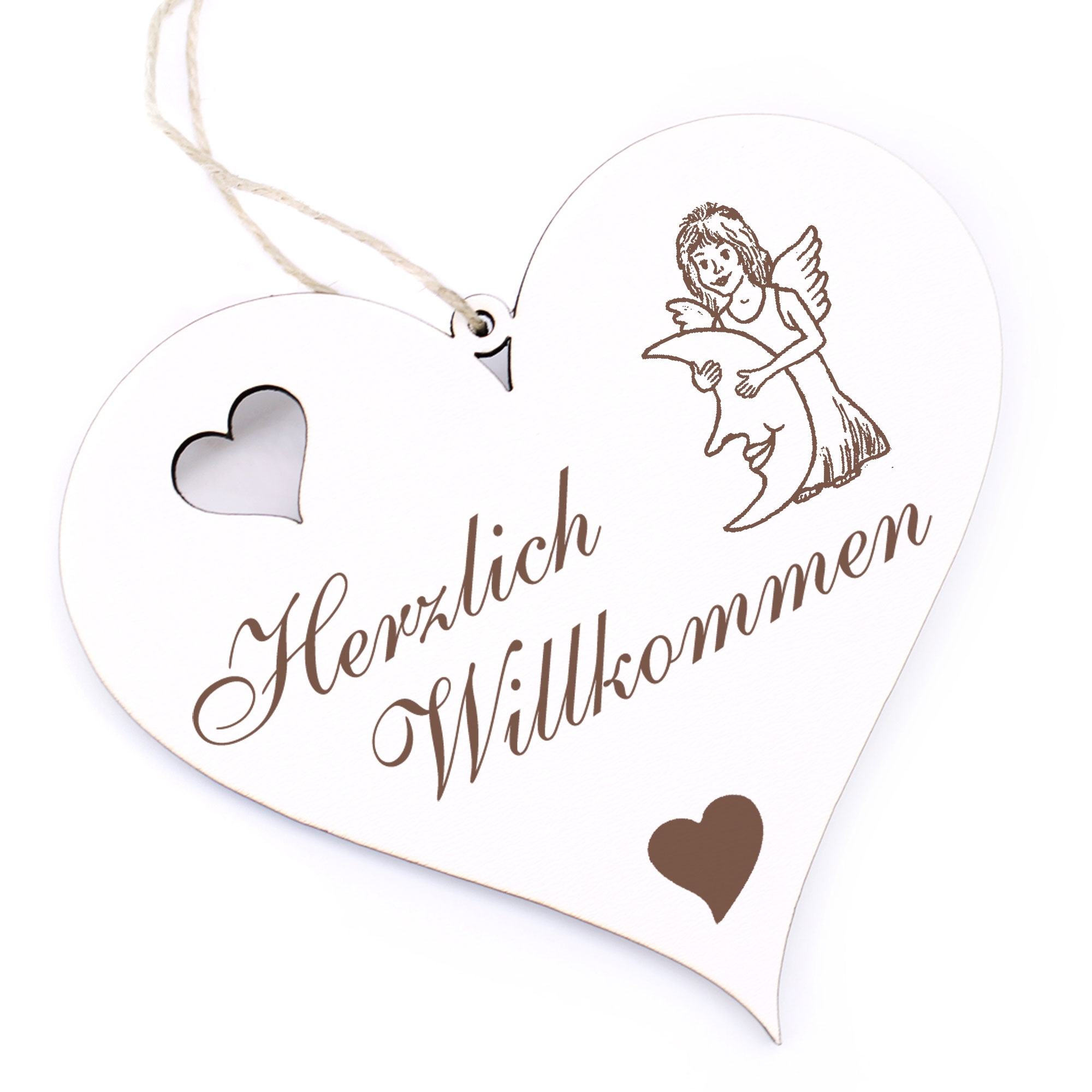 Herzlich Willkommen Schild - Elfe mit Mond - Deko Herz Holz