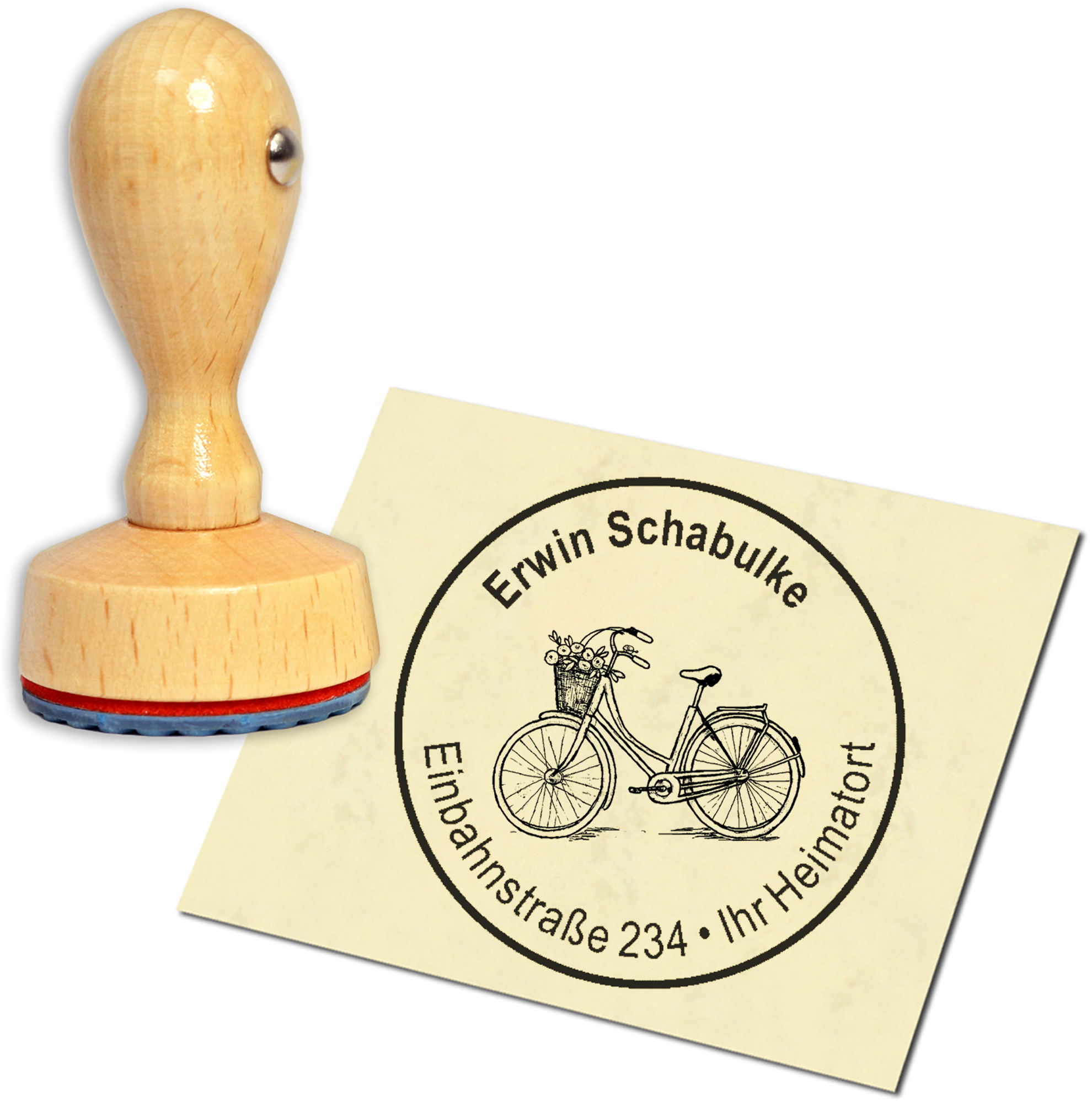 Stempel Adressstempel Holzstempel - Fahrrad mit Korb - rund 40mm