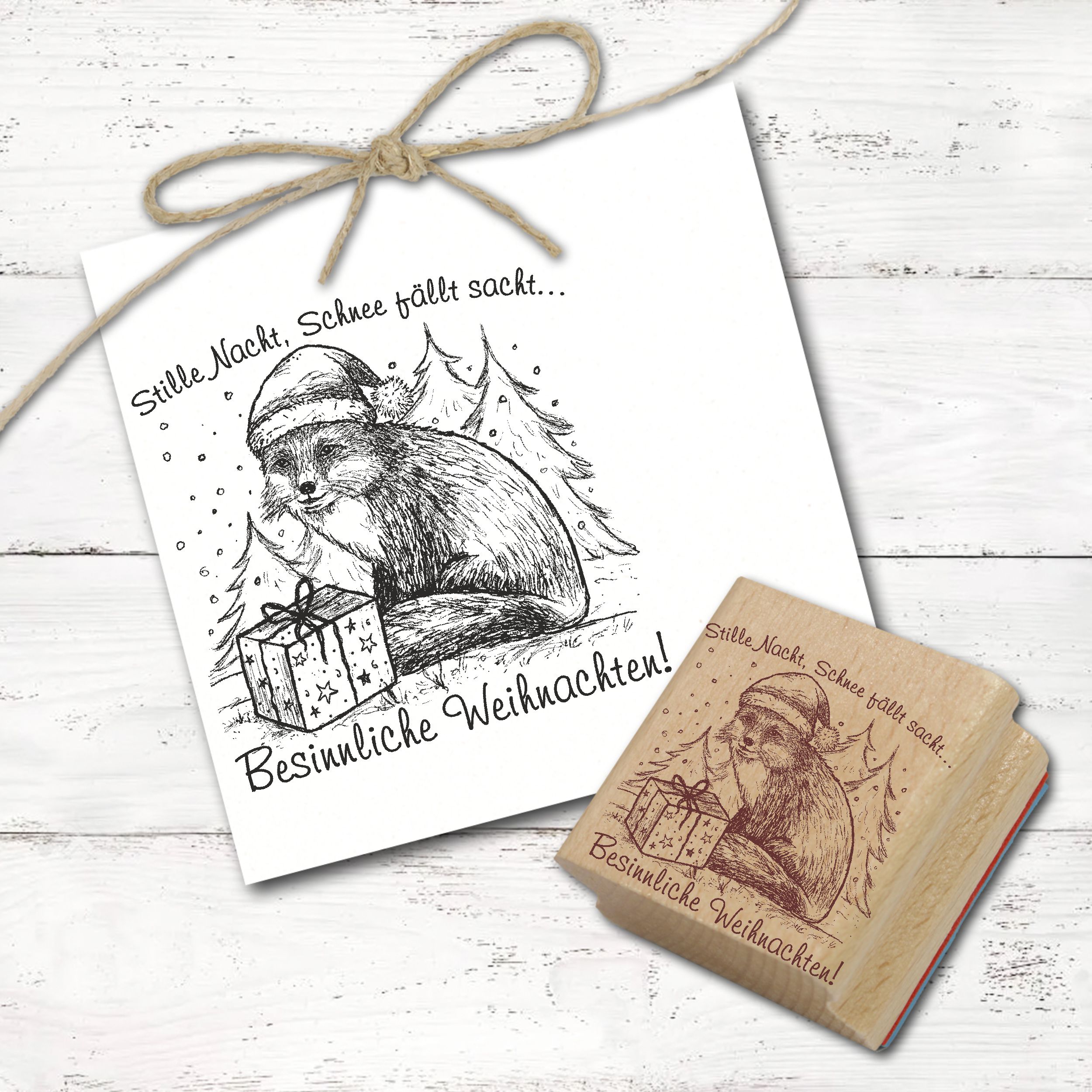 Motivstempel Fuchs Stille Nacht - Besinnliche Weihnachten - Stempel Geschenk Holzstempel Tannen 68mm x 68mm
