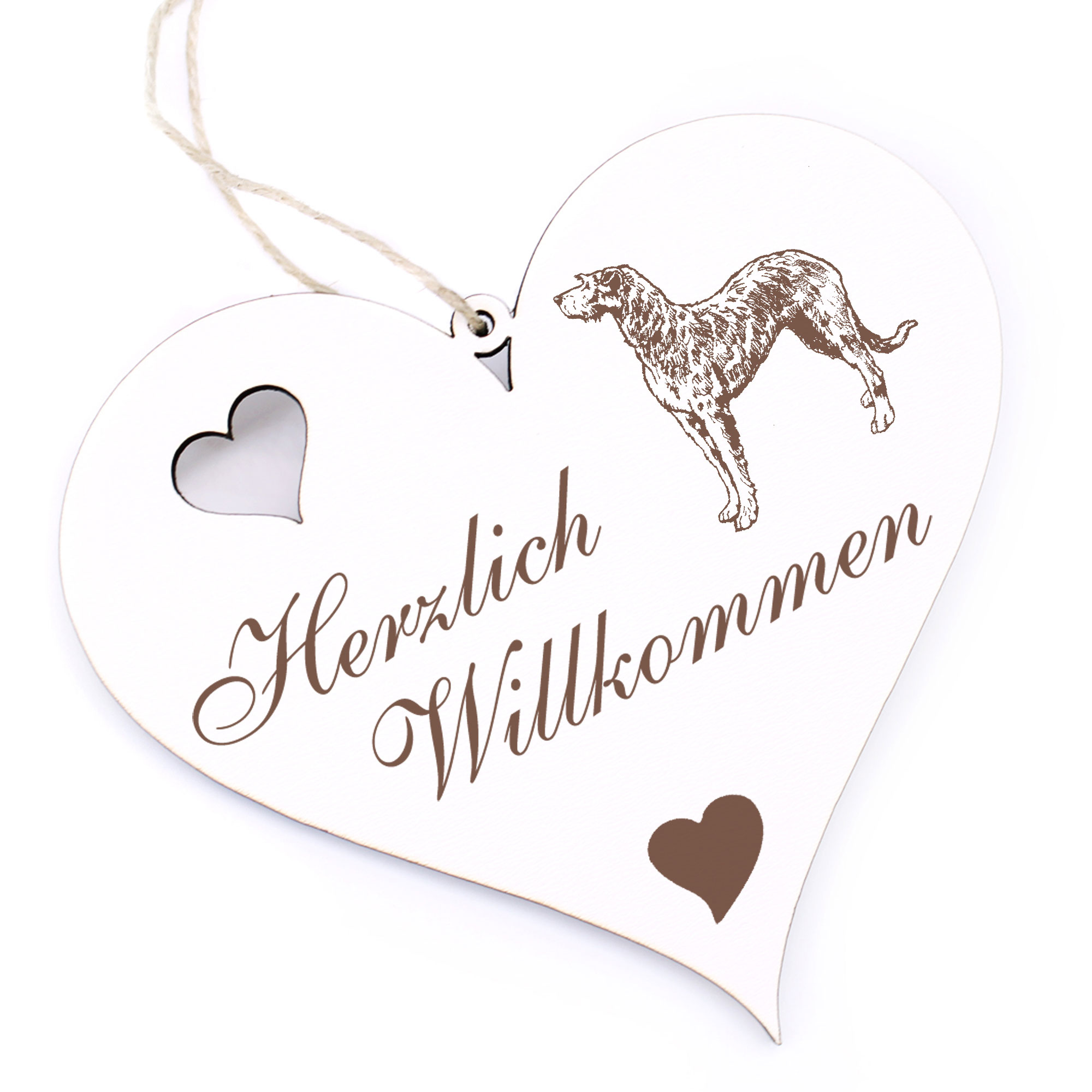 Herzlich Willkommen Schild - Irischer Wolfshund - Deko Herz Holz