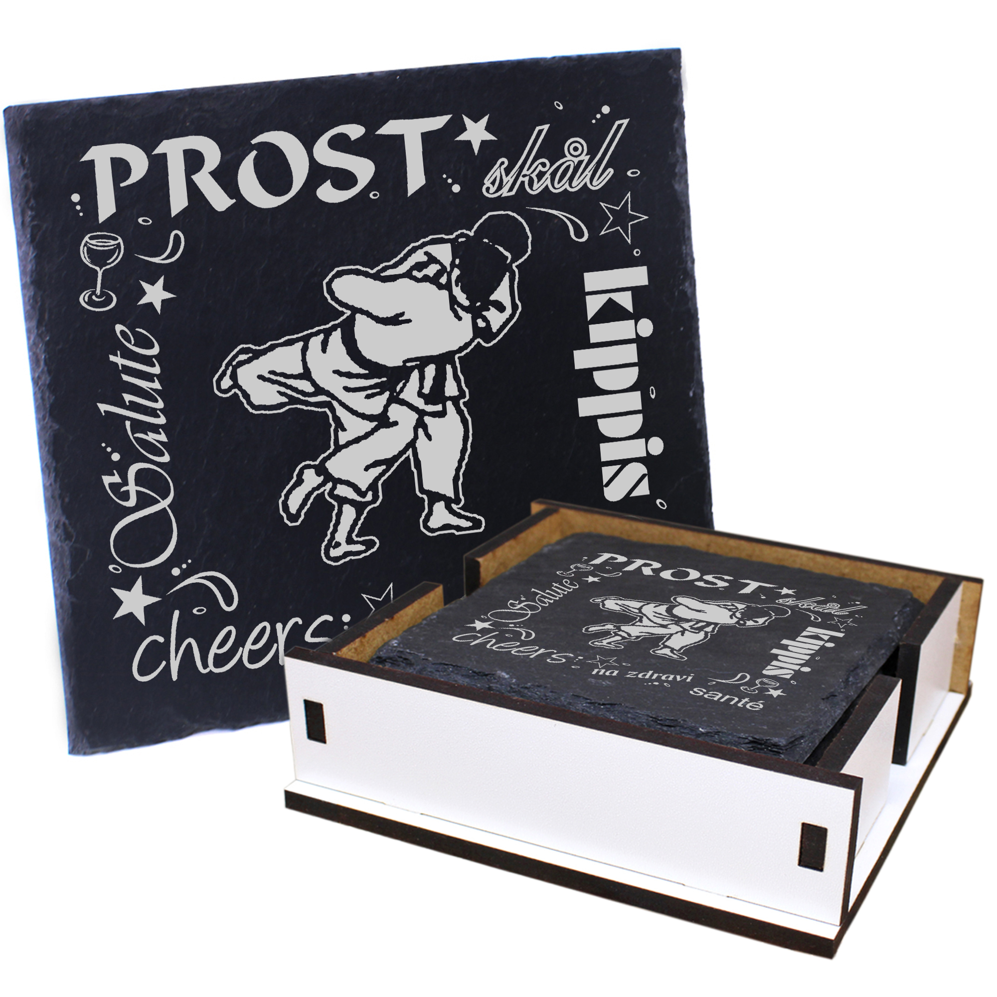 5 x Schiefer Untersetzer - Prost Judo - inkl. Holzbox & Flaschenuntersetzer