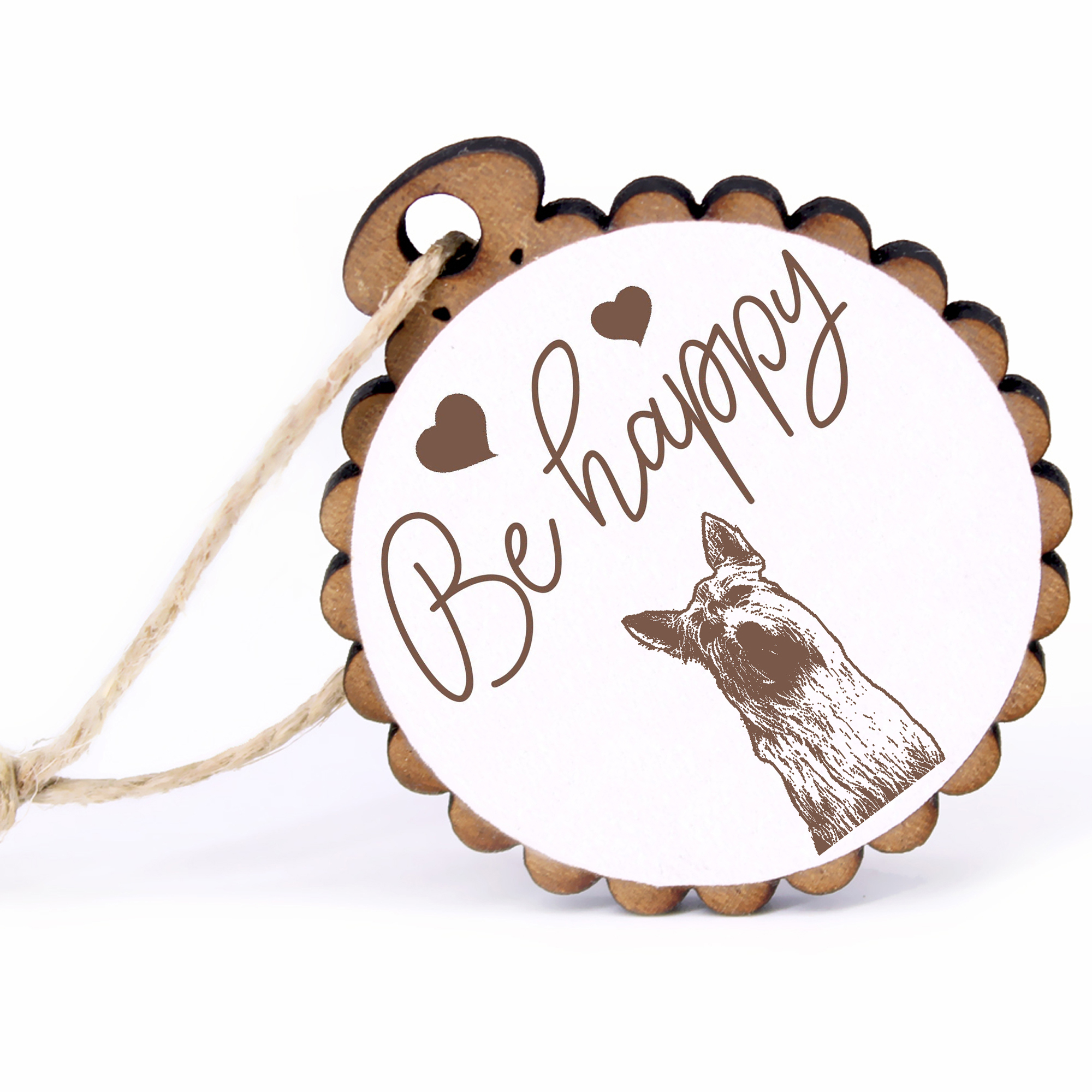 Geschenkanhänger - Be Happy Berger de Picardie Sheperd -  Holz Ø-5cm - mit Juteband