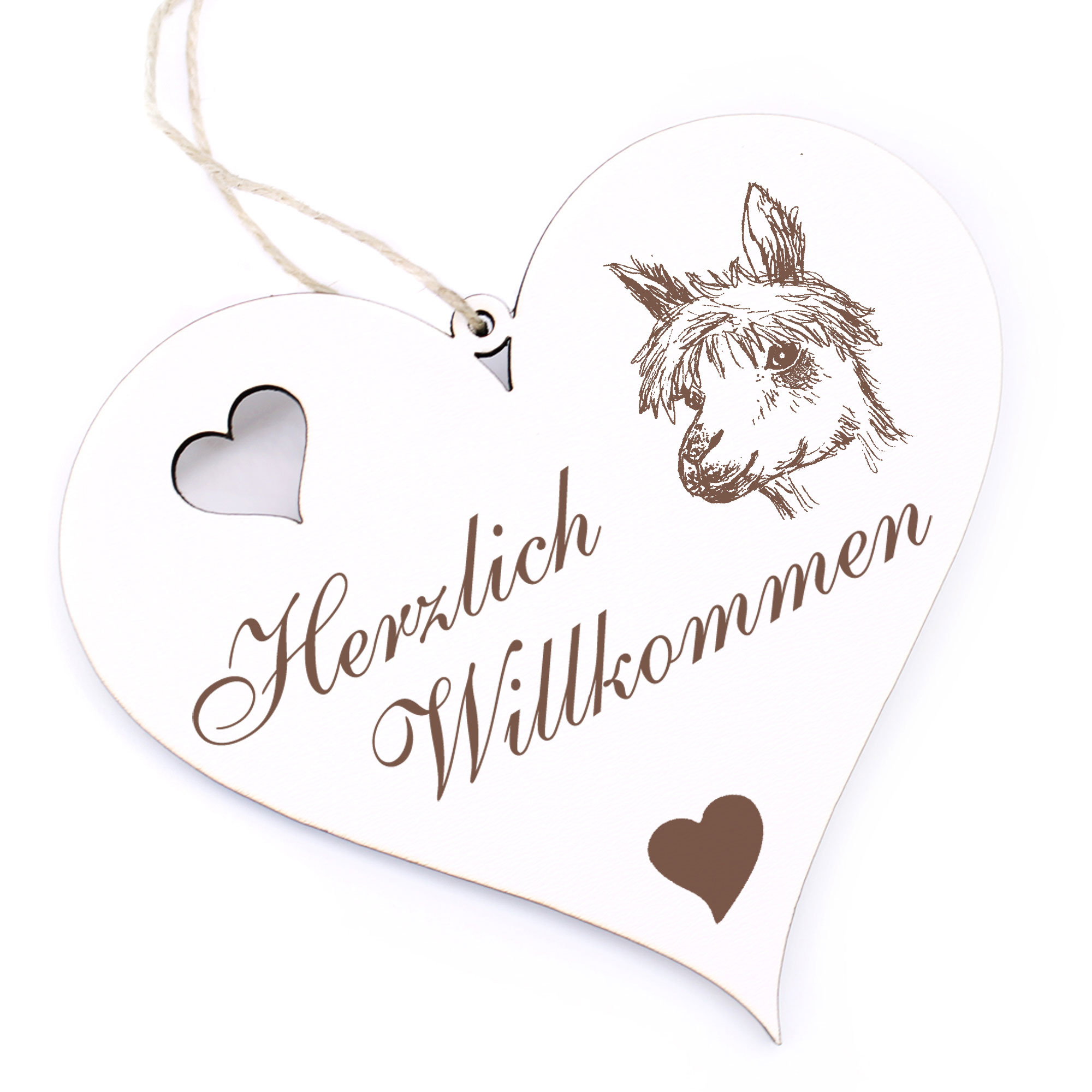 Herzlich Willkommen Schild - Alpaka Kopf Lama - Deko Herz Holz