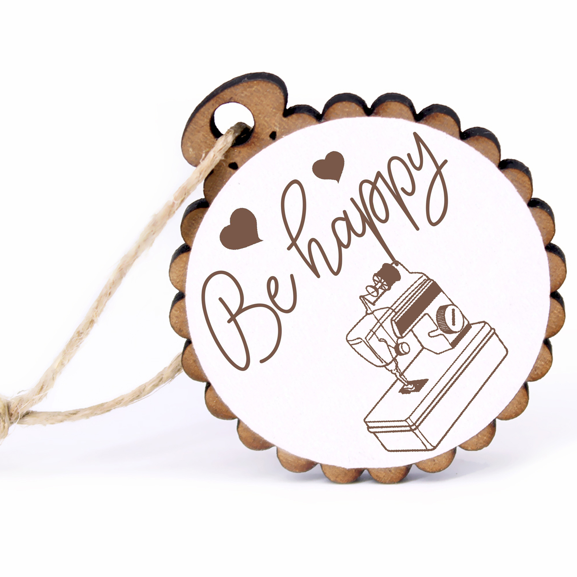 Geschenkanhänger - Be Happy Nähmaschine -  Holz Ø-5cm - mit Juteband