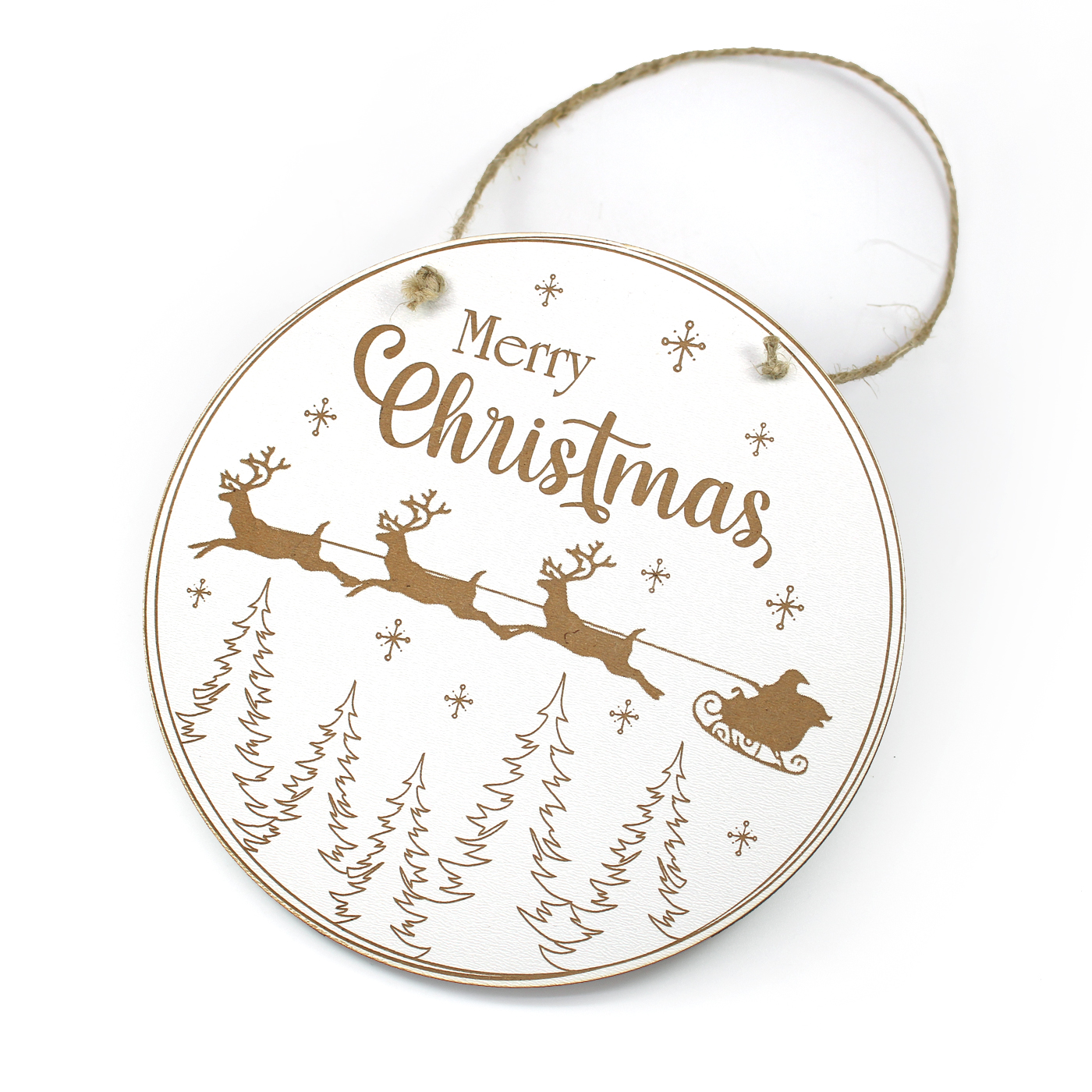 Schild rund Merry Christmas mit Hirschen und Weihnachtsschlitten Ø 15 cm